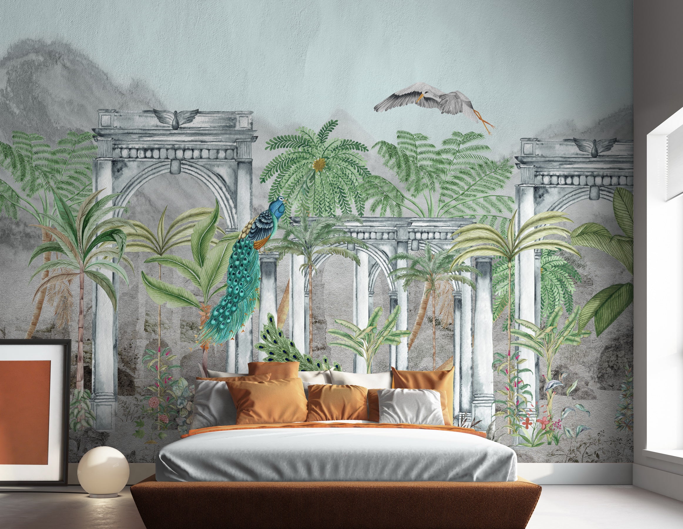 Timeless arches 'Bhanga' wallpaper - Customized garden wallpaper with birds and arches