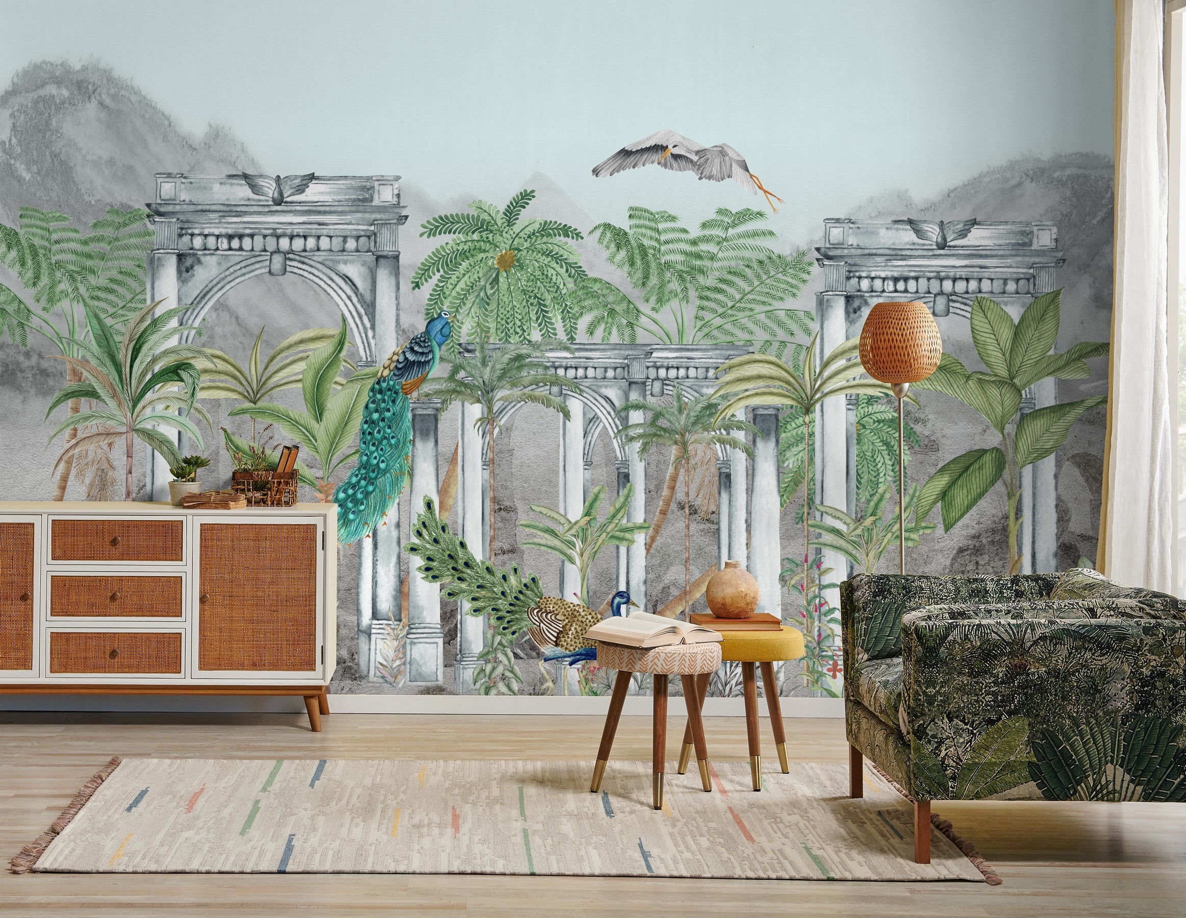 Timeless arches 'Bhanga' wallpaper - Customized garden wallpaper with birds and arches