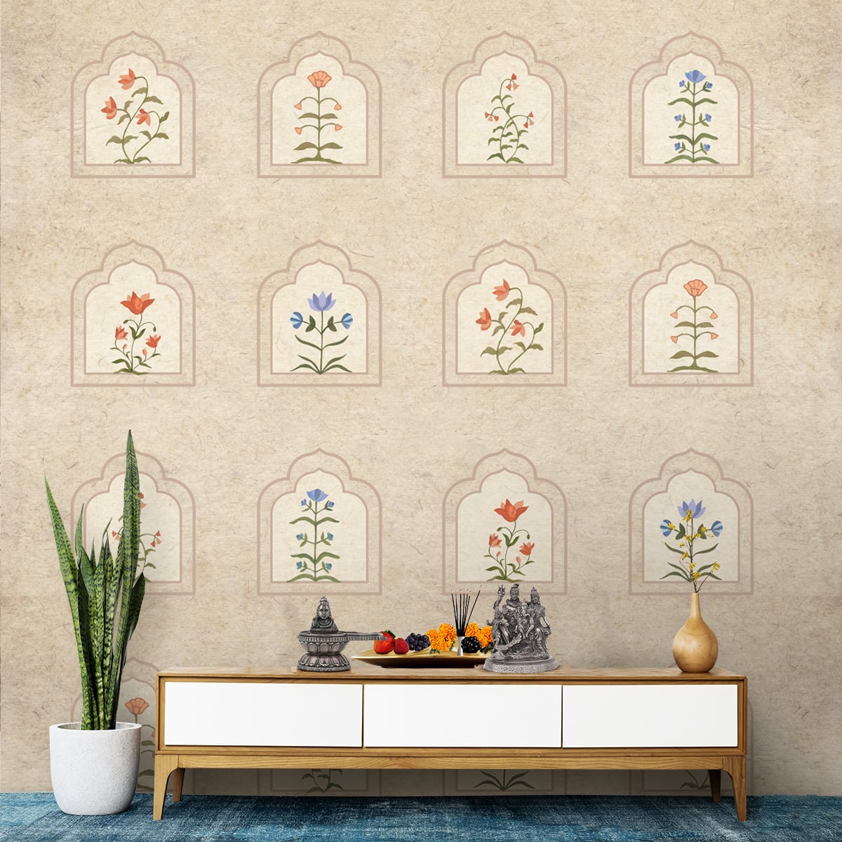 Floral frames golestan wallpaper featuring mughal-style floral niches on a neutral background in a contemporary living room