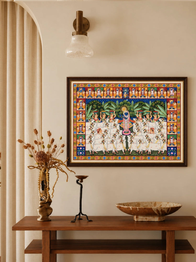 Handpainted – Pichwai – Shrinathji with Cows and Gopis in the Grove