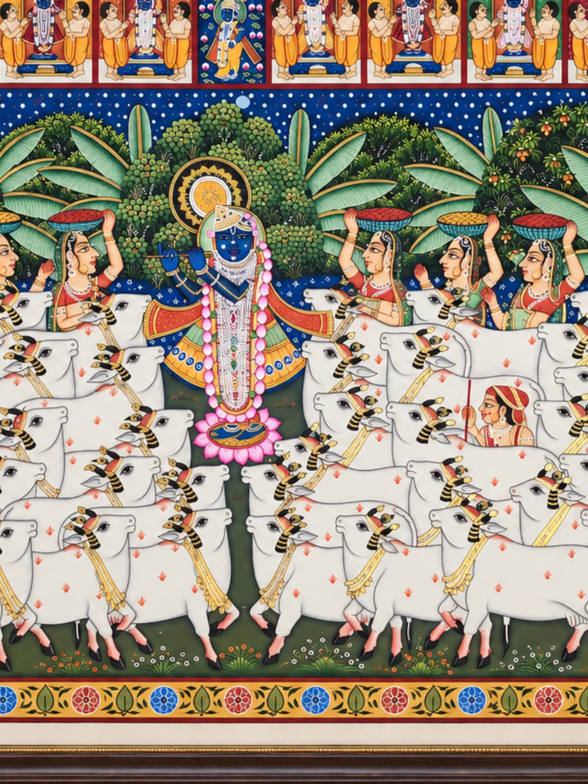 Handpainted – Pichwai – Shrinathji with Cows and Gopis in the Grove