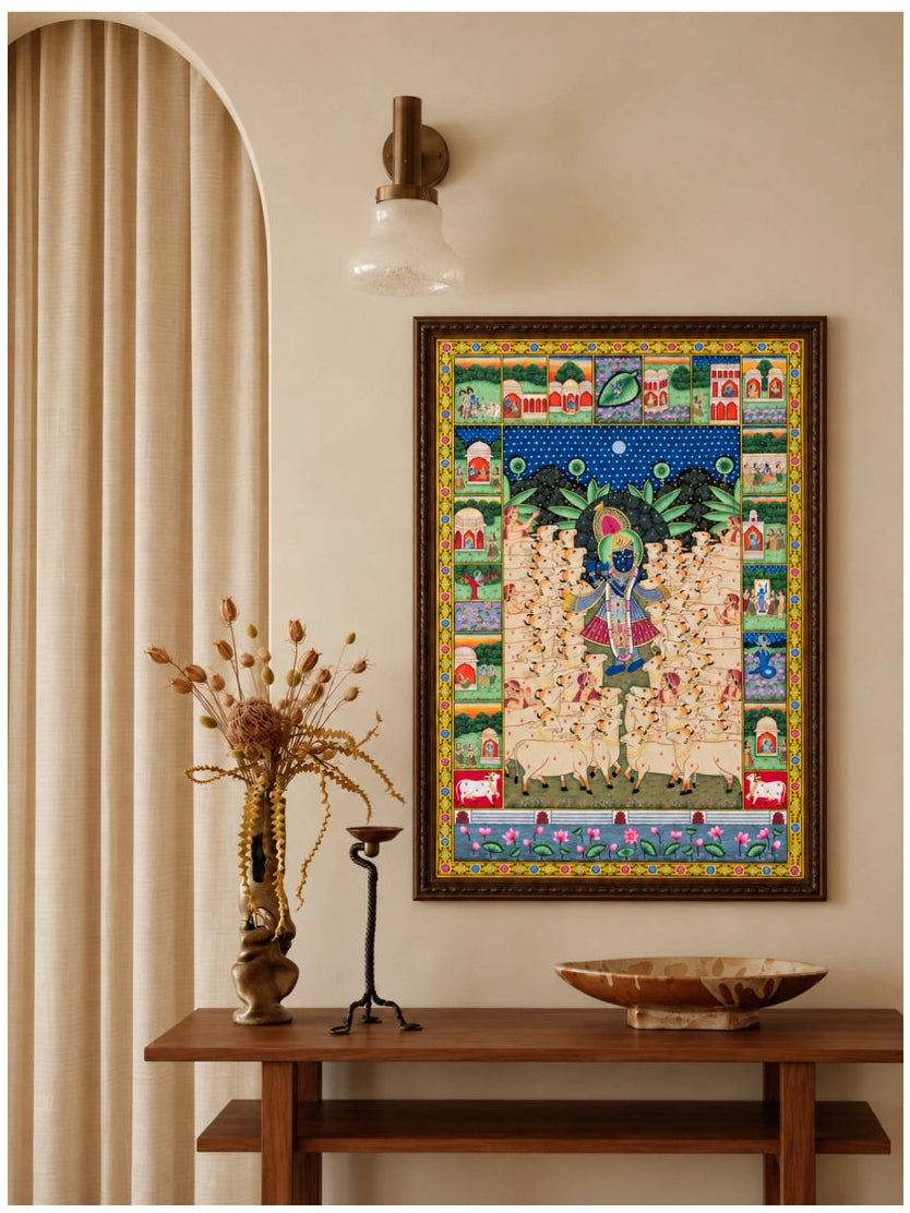 Handpainted – Pichwai – Shrinathji Among the Cows with Leela Panels
