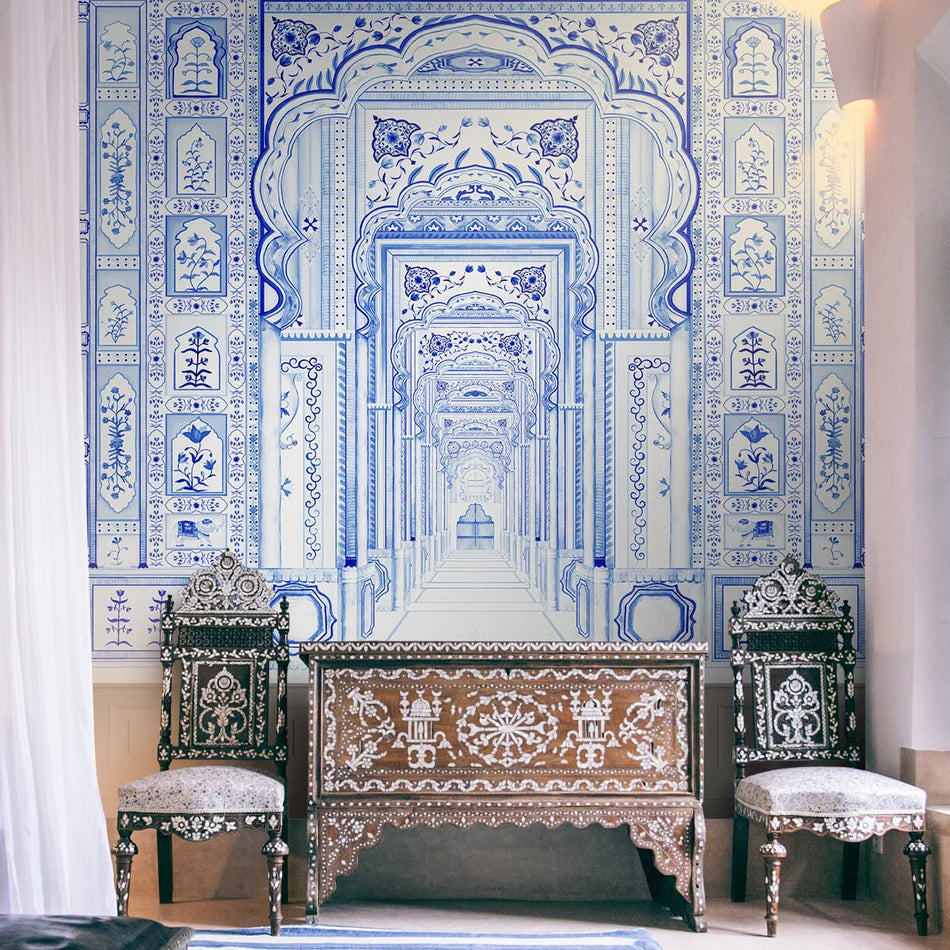 Dilli Darbar Indigo wallpaper - customized indian wallpaper with ornate designs in blue