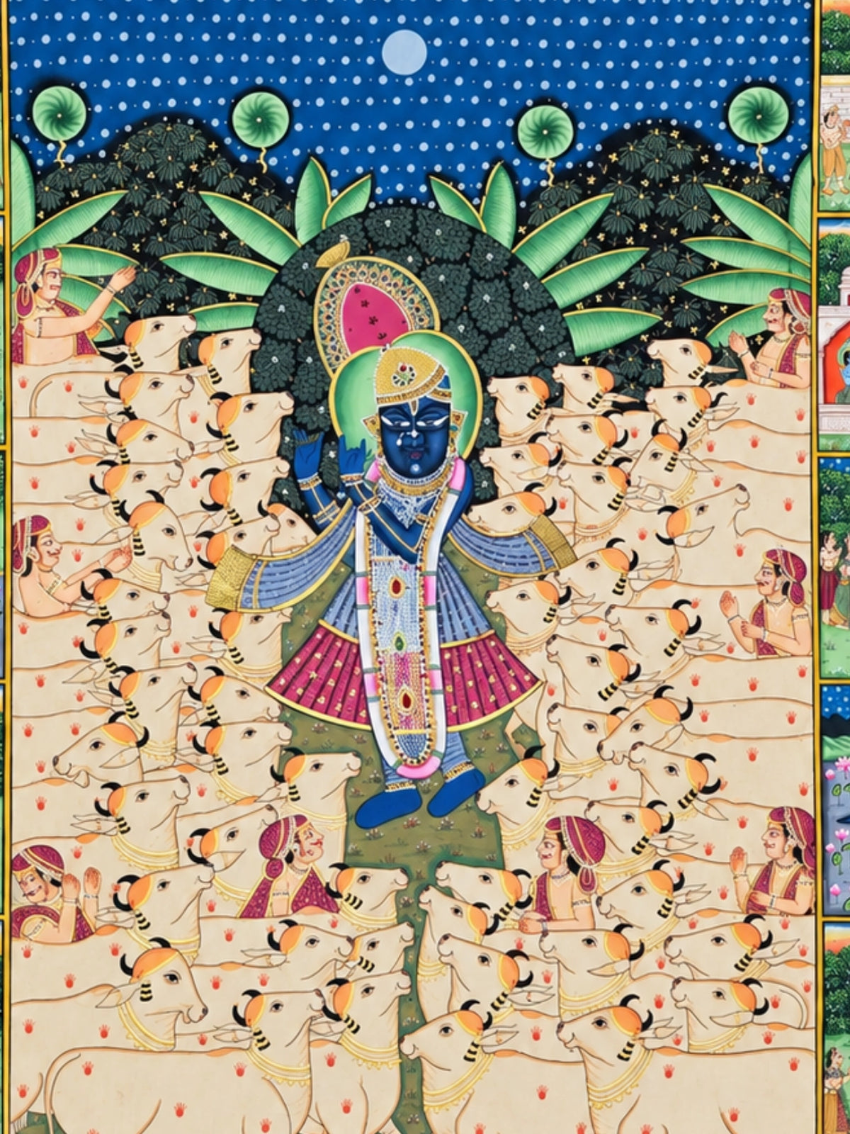 Handpainted – Pichwai – Shrinathji Among the Cows with Leela Panels