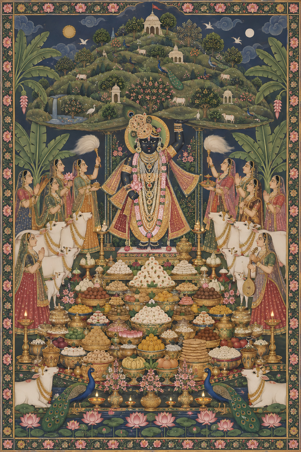 Pichwai-style art print of Shrinathji with raised arm beneath Govardhan Hill, attendants, cows and a vast Annakut offering