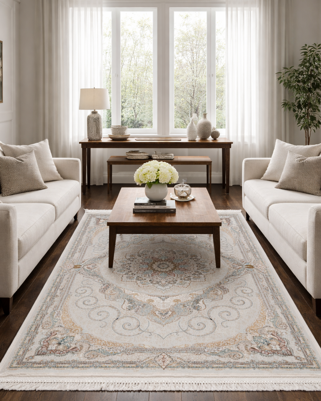 Naghma Silk & Wool Blend Carpet – Teal Gold Floral Medallion