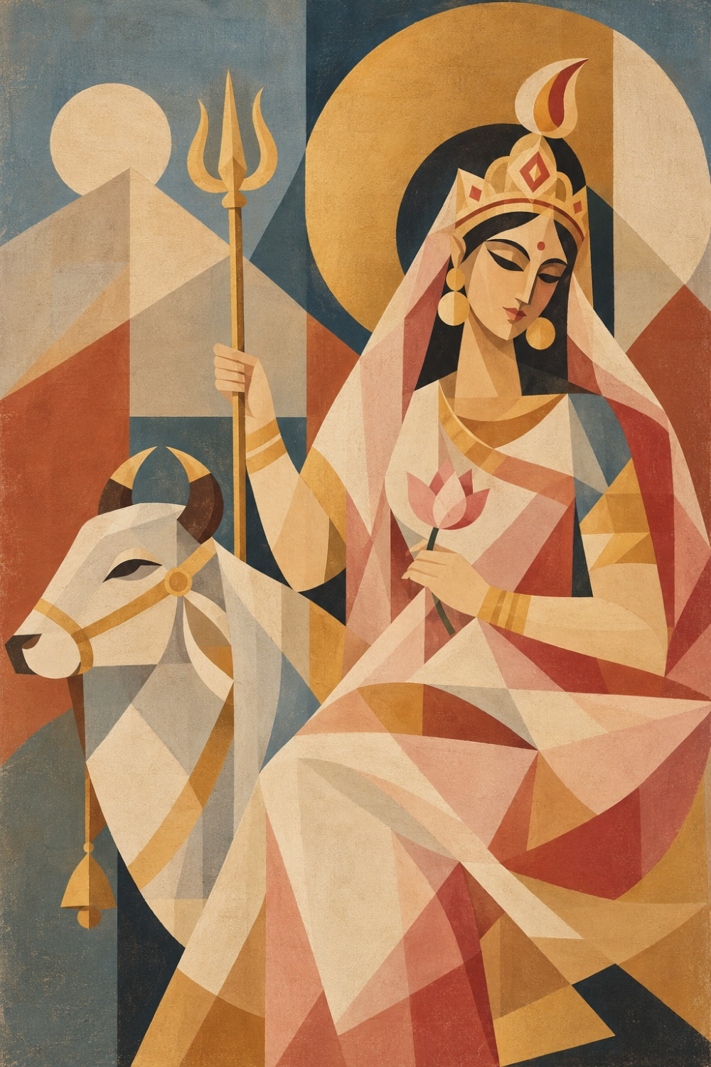 Cubist Navadurga painting of Goddess Shailaputri with her bull Nandi, trident and lotus before mountain peaks in blush pink, slate blue and gold
