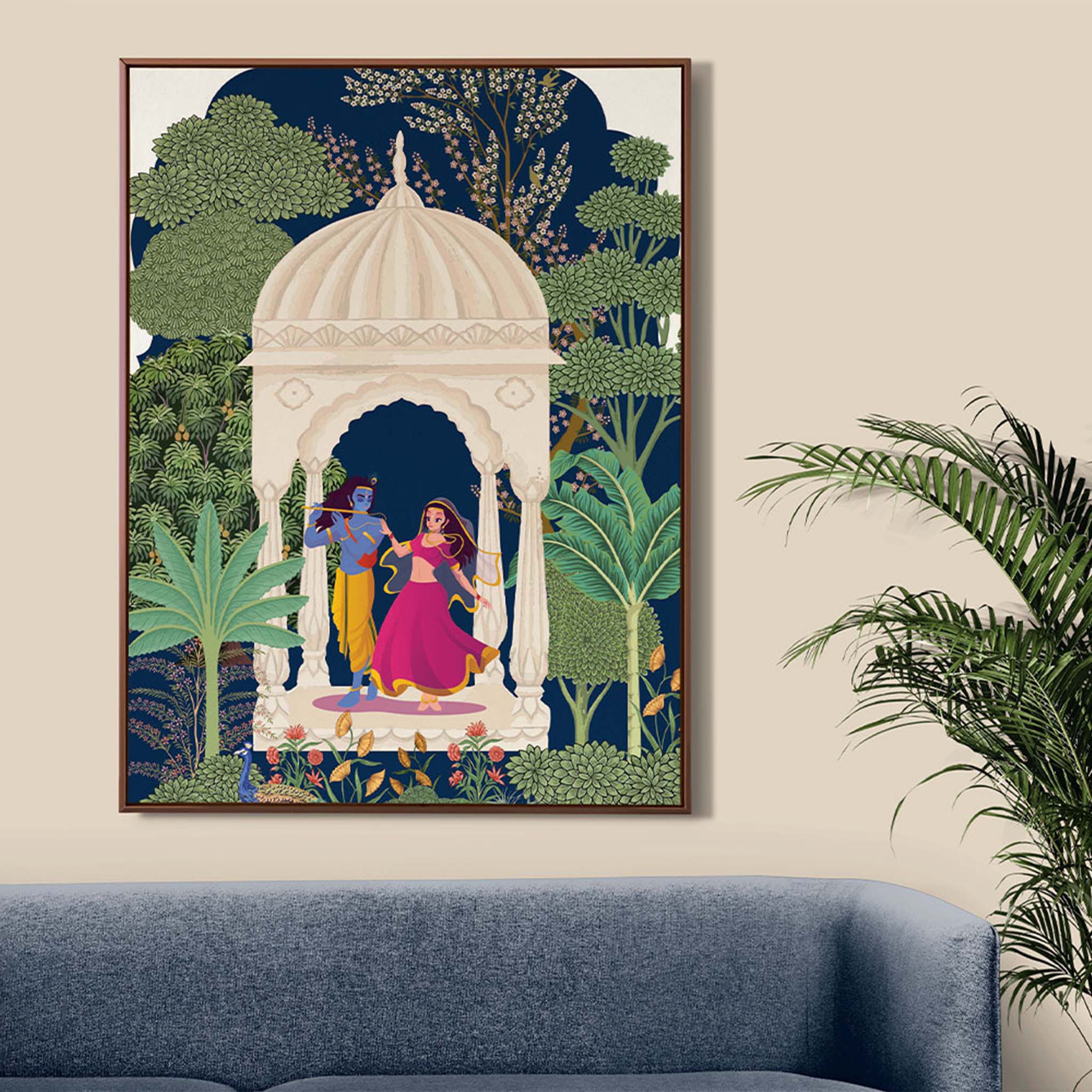 Radha and Krishna Pichwai painting under carved gazebo, vibrant Indian spiritual wall art for living room décor.