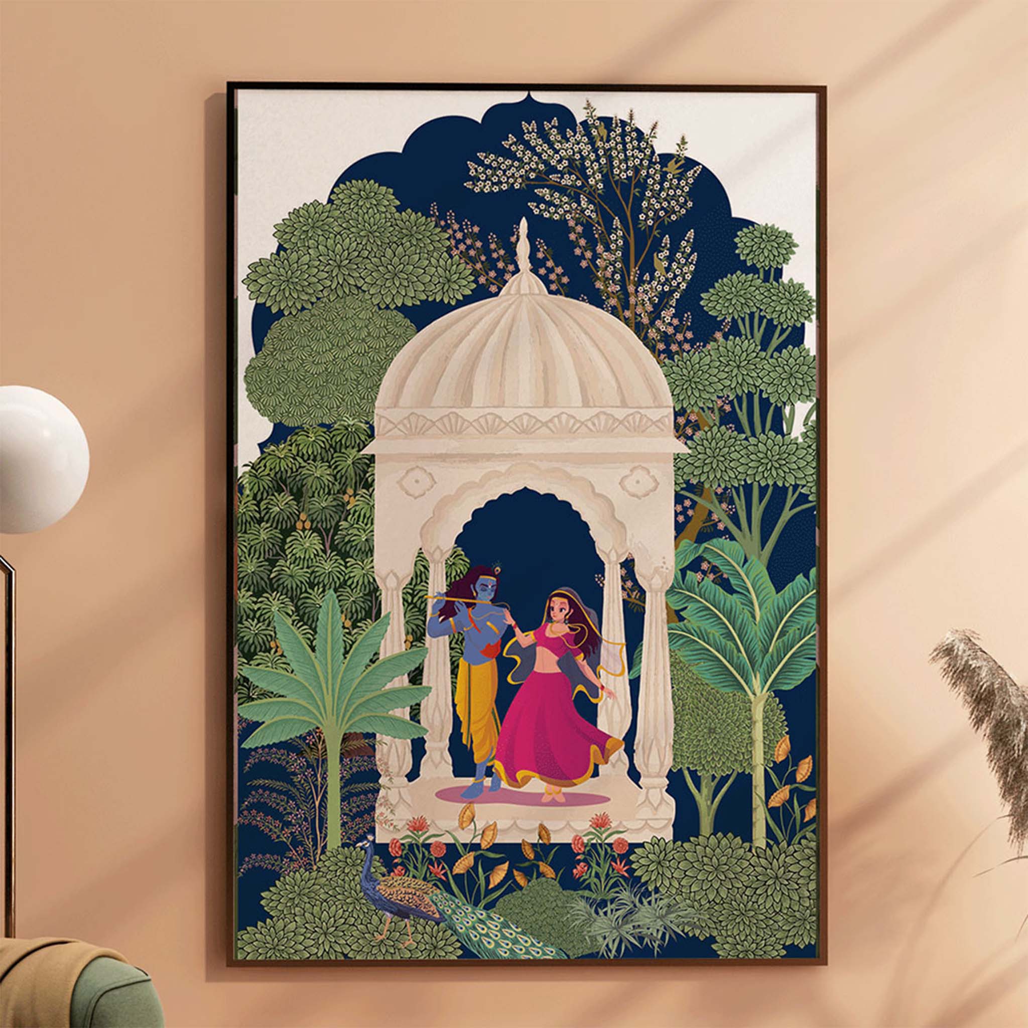 Elegant Radha Krishna gazebo artwork in rich colors, sacred Indian wall décor for meditation corners or prayer rooms.