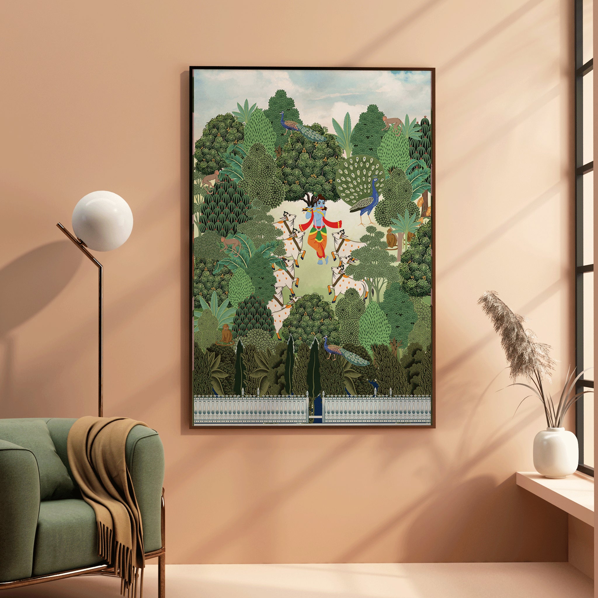 Divine Flute Player Pichwai art print featuring lush Vrindavan scenery, spiritual wall décor for modern Indian homes.