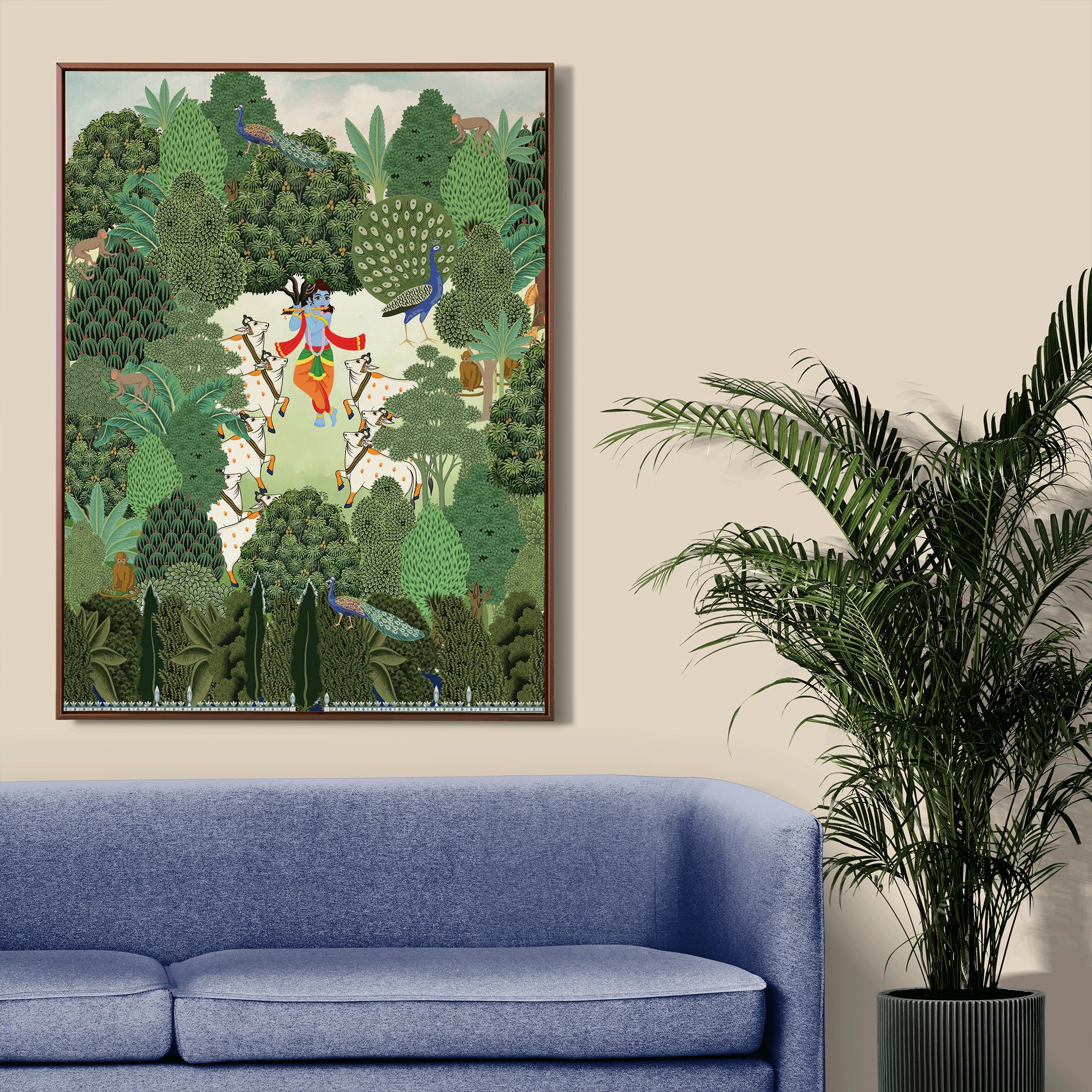 Traditional Pichwai Krishna artwork with green forest motifs, elegant Hindu wall art for living room or prayer corner décor.