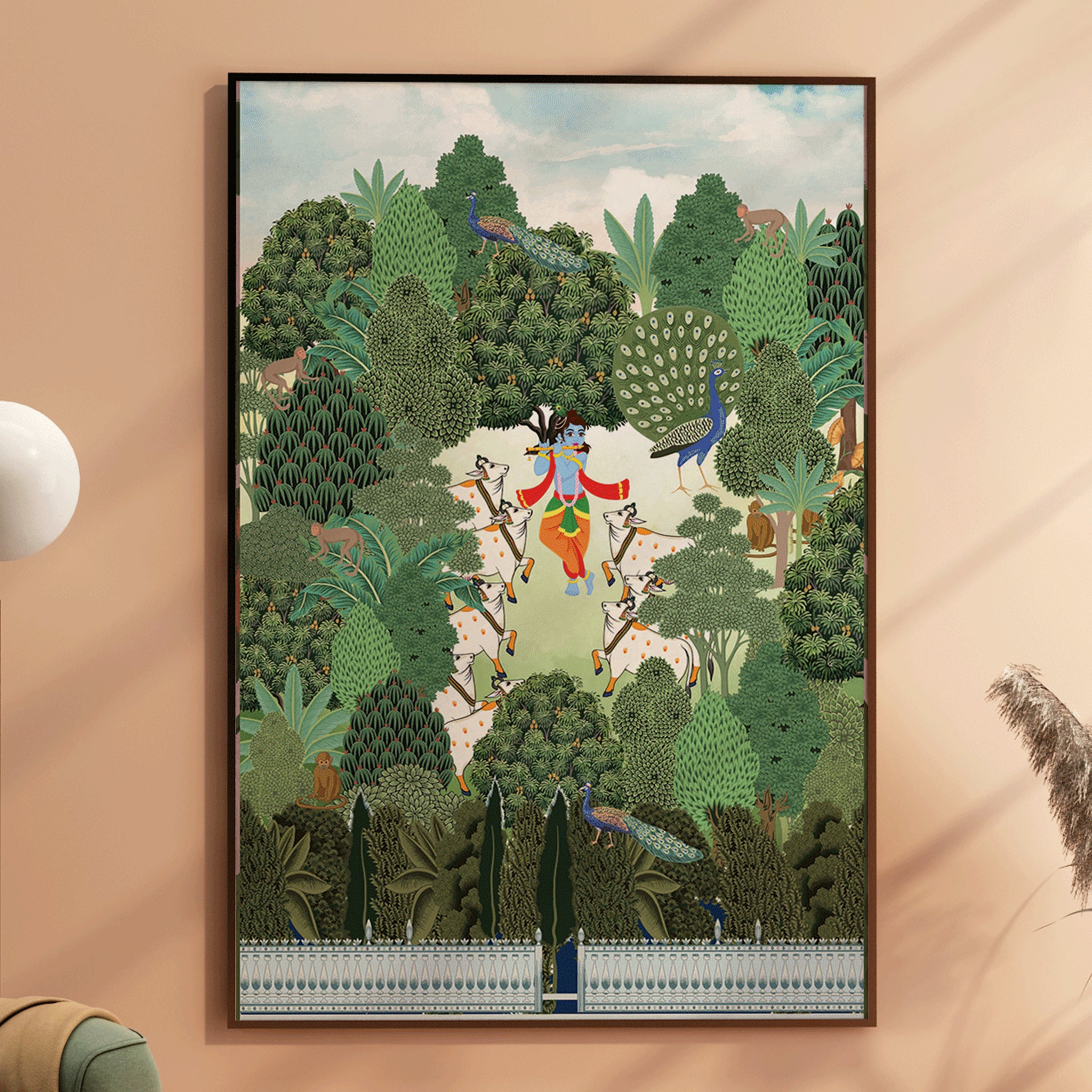 Krishna playing flute amid lotus and cows in vibrant Pichwai style, sacred Indian art print for pooja room or hallway décor.