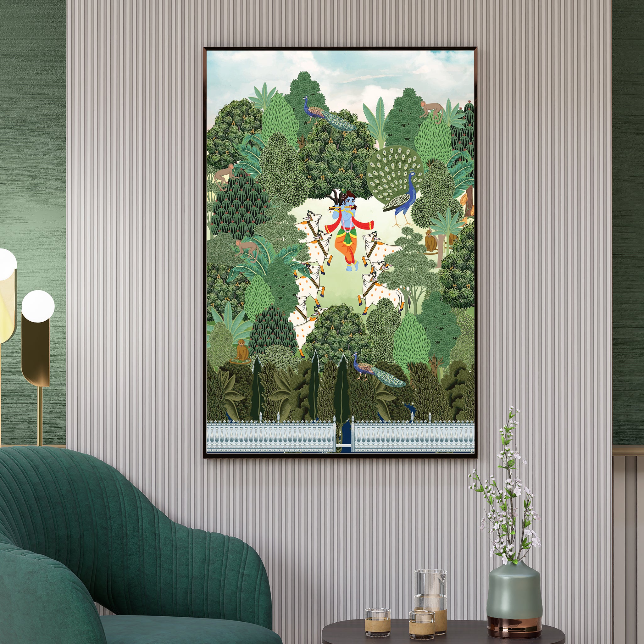 Krishna Pichwai painting with lotus blooms and cows, devotional Indian wall art for meditation room or serene living spaces.