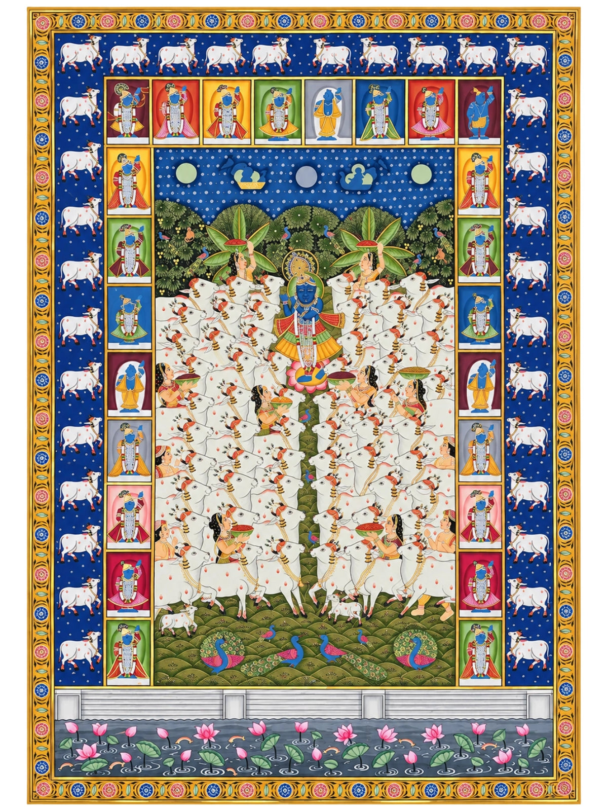 Handpainted – Pichwai – Shrinathji on the Lotus Among the Cows