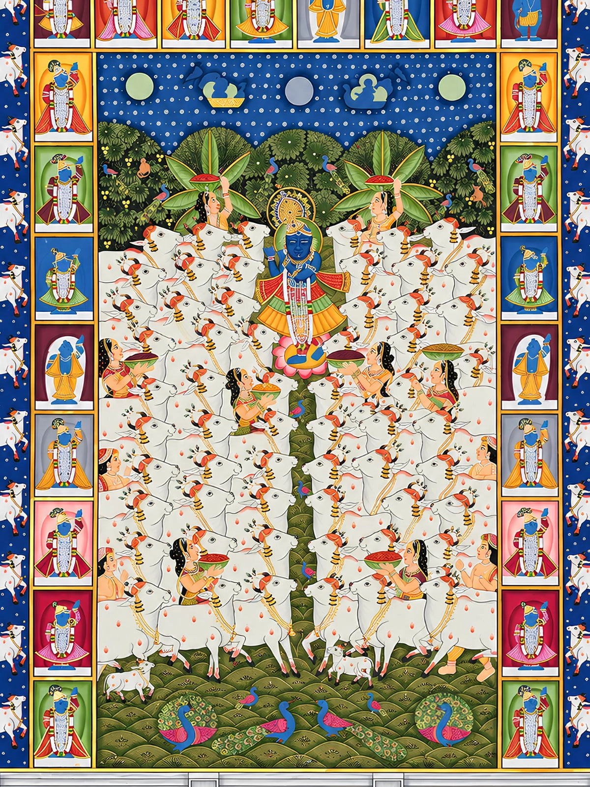 Handpainted – Pichwai – Shrinathji on the Lotus Among the Cows