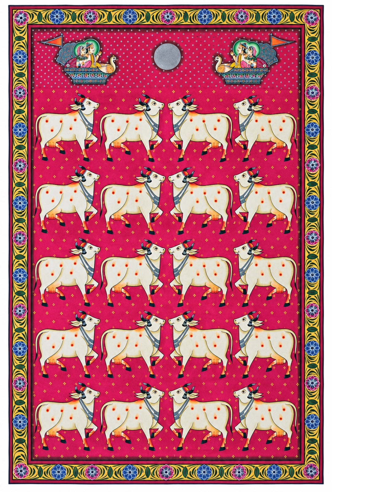 Handpainted – Pichwai – Cows on Magenta Beneath the Peacock Boats