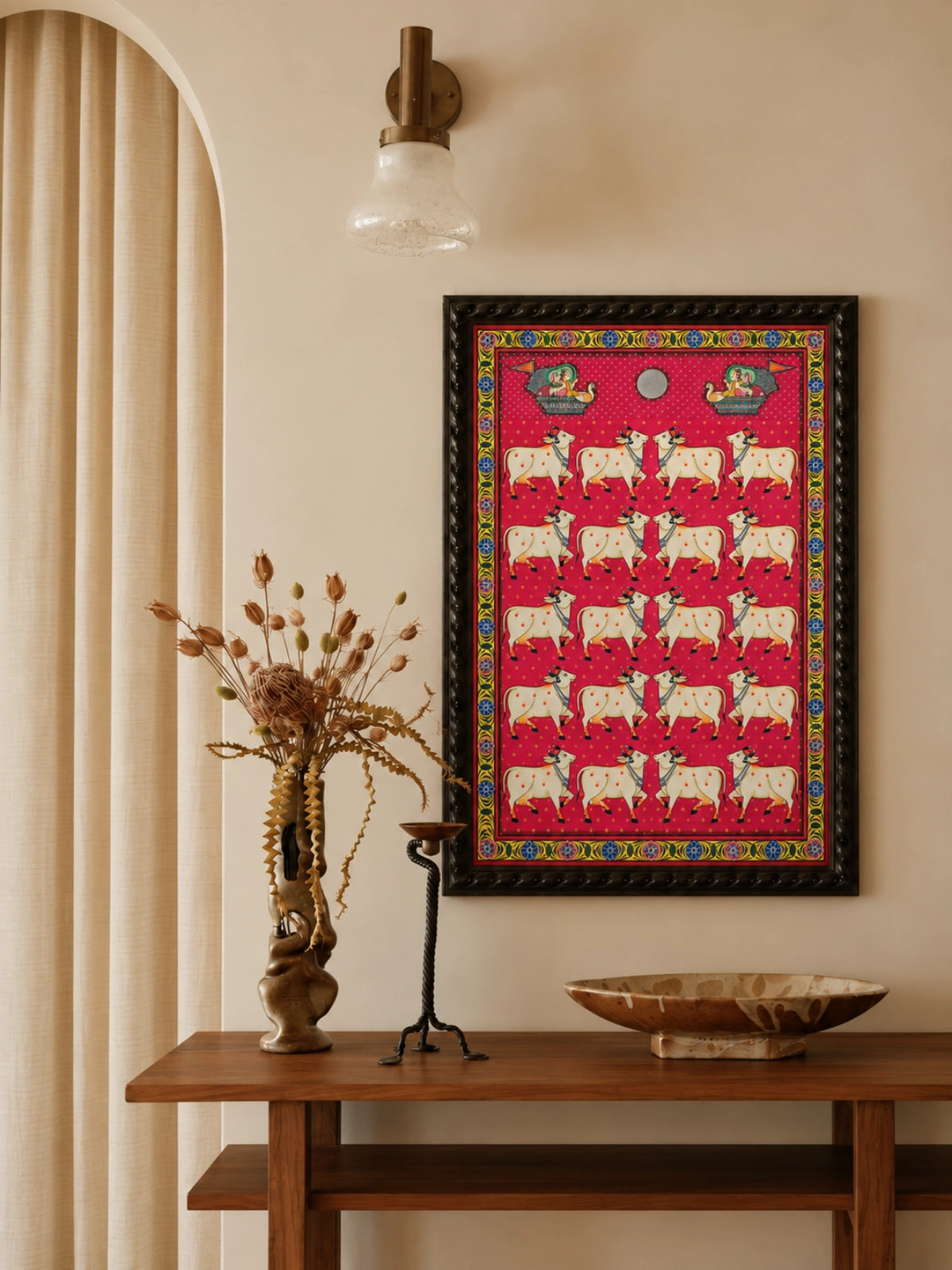 Handpainted – Pichwai – Cows on Magenta Beneath the Peacock Boats