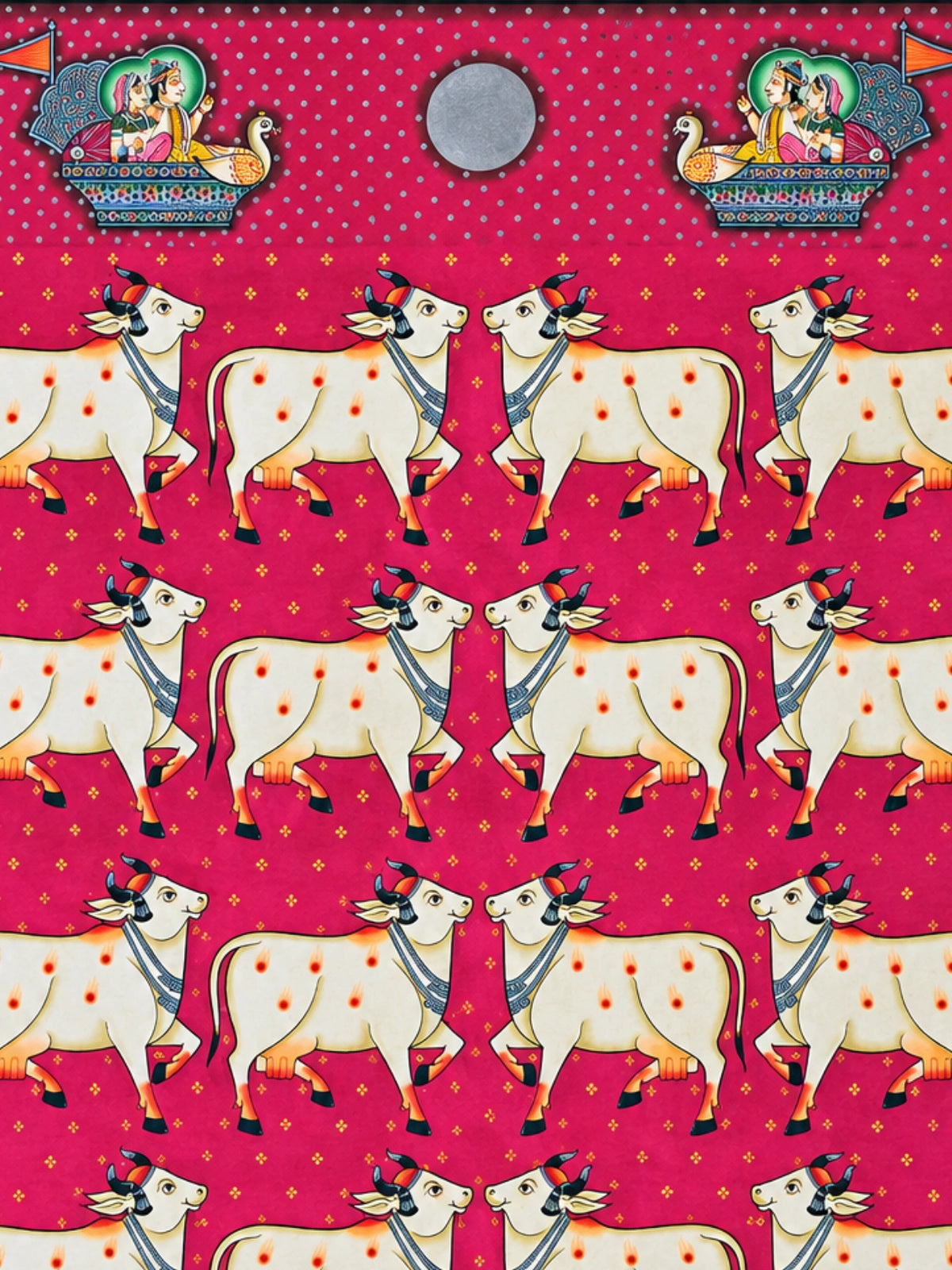 Handpainted – Pichwai – Cows on Magenta Beneath the Peacock Boats