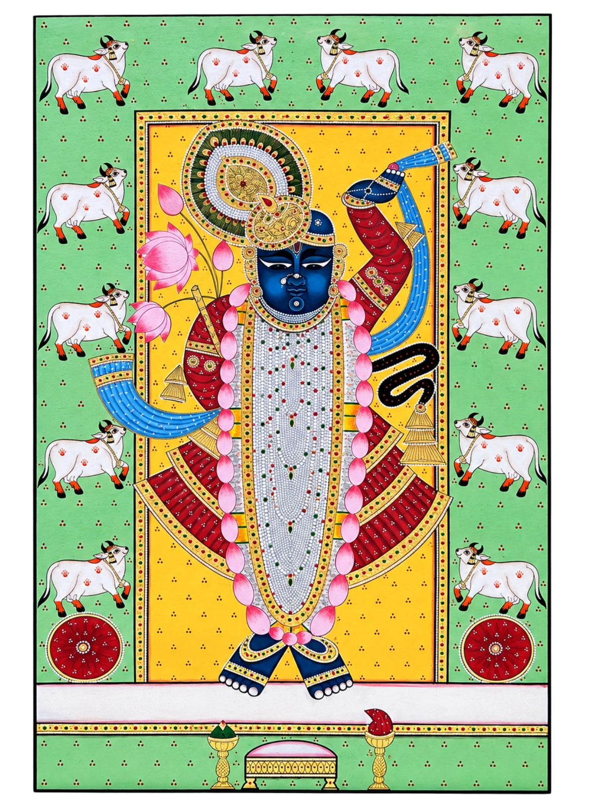 Handpainted – Pichwai – Shrinathji in Meadow Green
