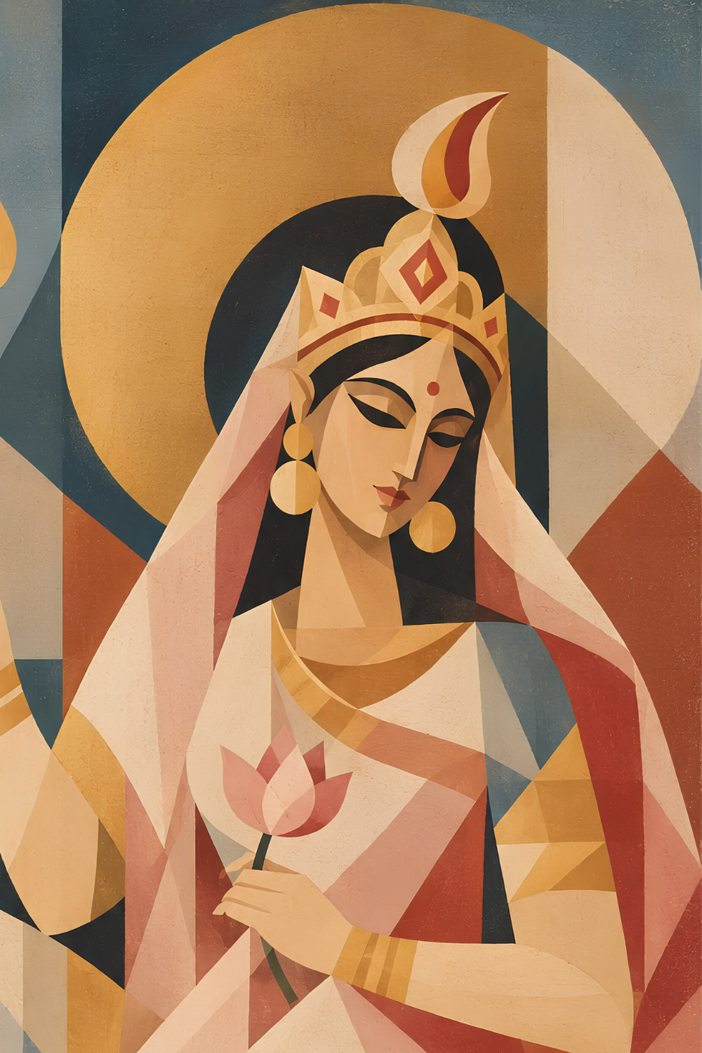 Close-up detail of Goddess Shailaputri in the Cubist Navadurga painting, showing the faceted colour planes