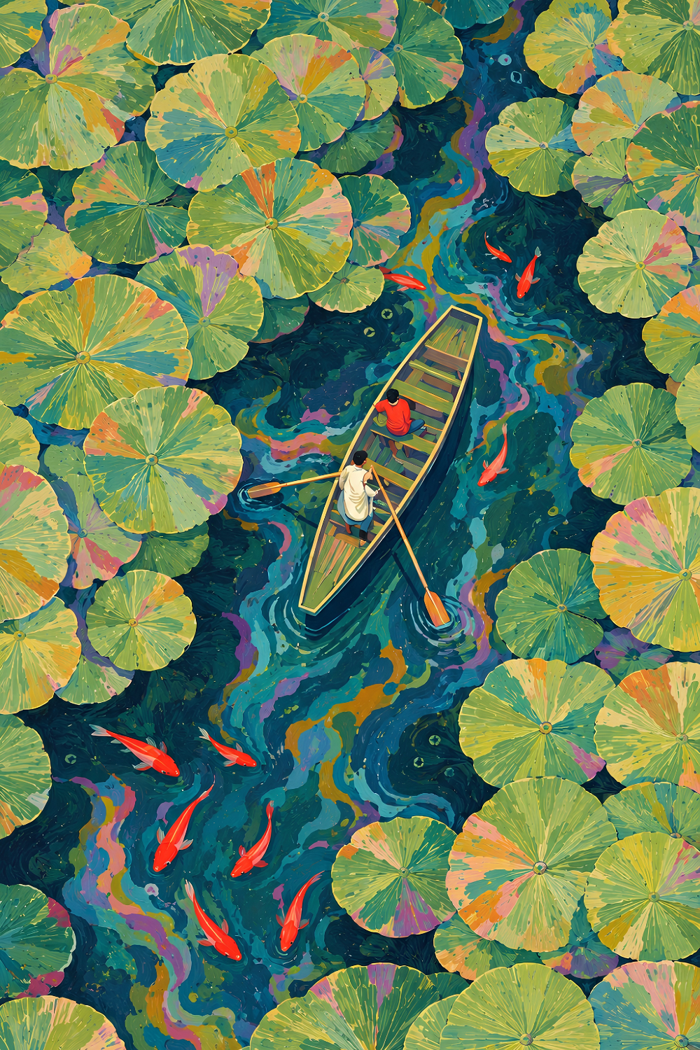 Impressionist Art Print – “Padma Sarovar”: Rowing Through the Lotus Pond