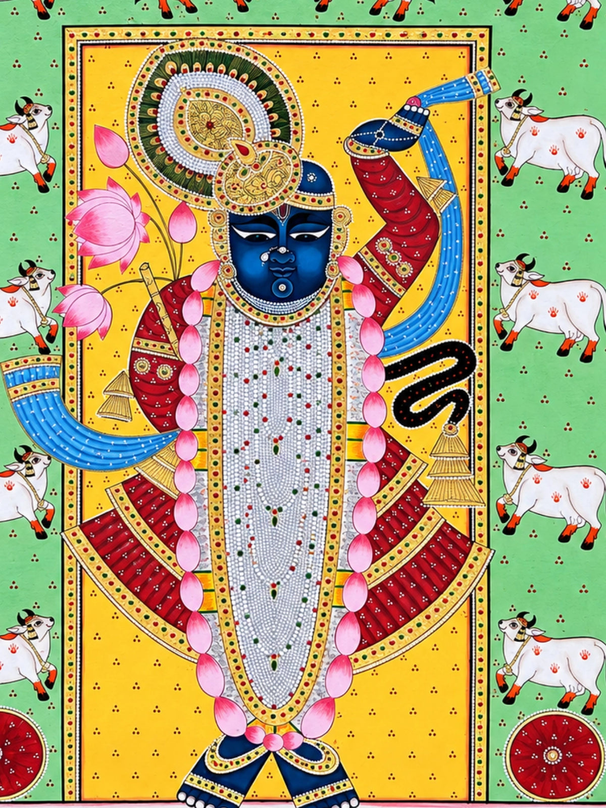 Handpainted – Pichwai – Shrinathji in Meadow Green