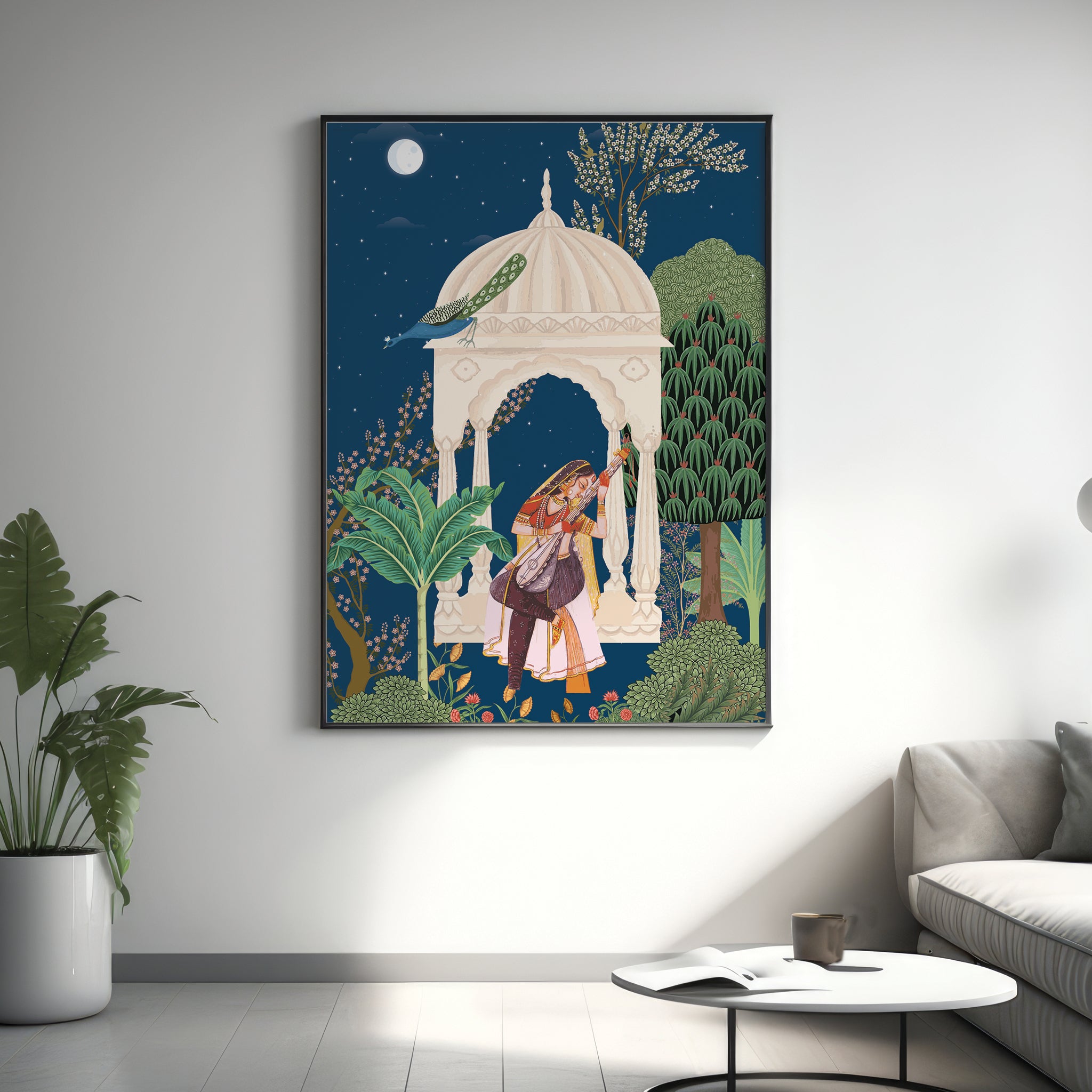 Melodies in the Forest art print with woman under moonlit gazebo, serene Indian nature wall décor for modern living rooms.