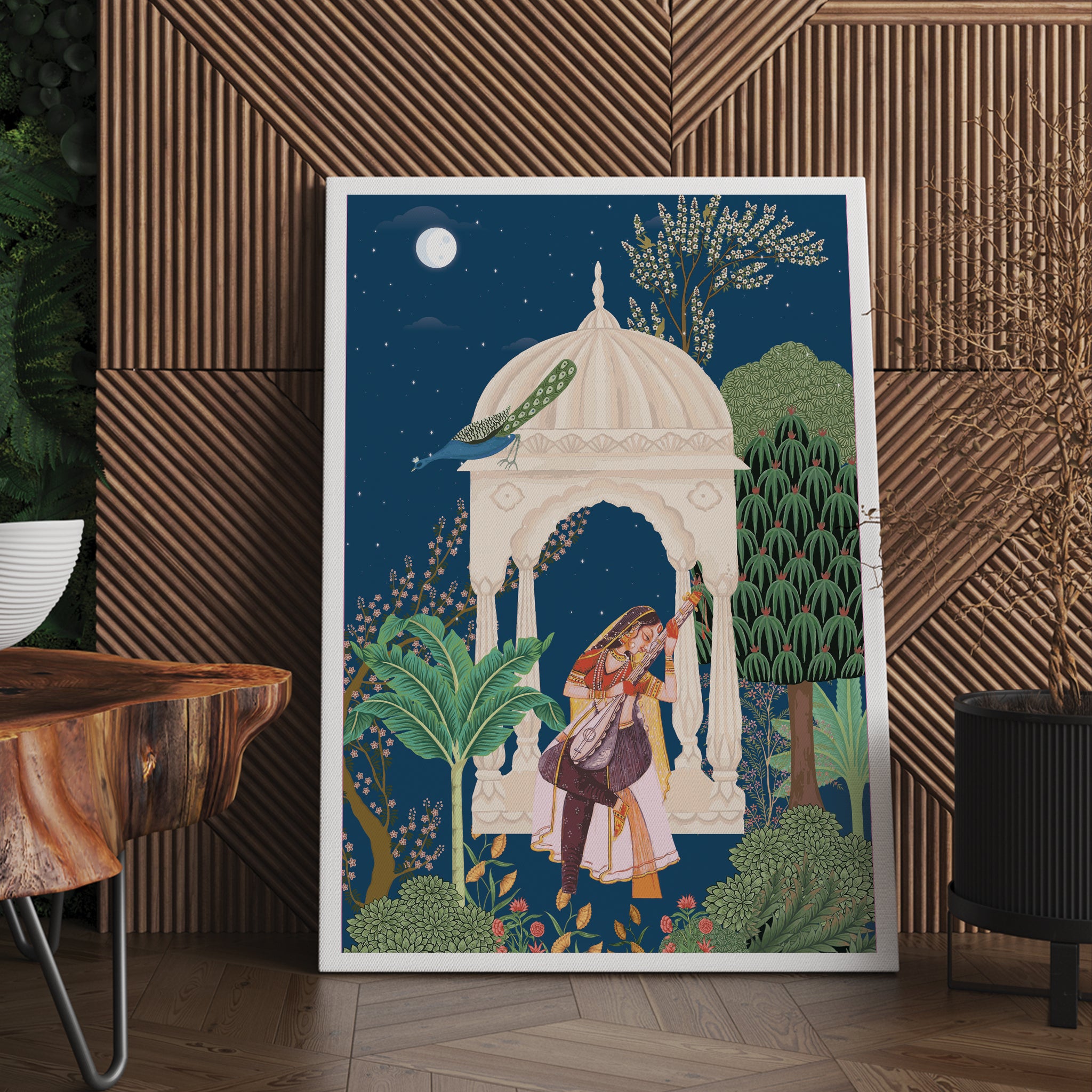 Moonlit forest painting featuring woman in pavilion with lush foliage, boho Indian wall art for cozy home décor spaces.