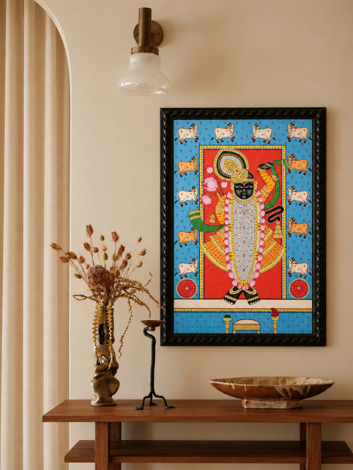 Handpainted – Pichwai – Shrinathji in Ebony and Vermilion