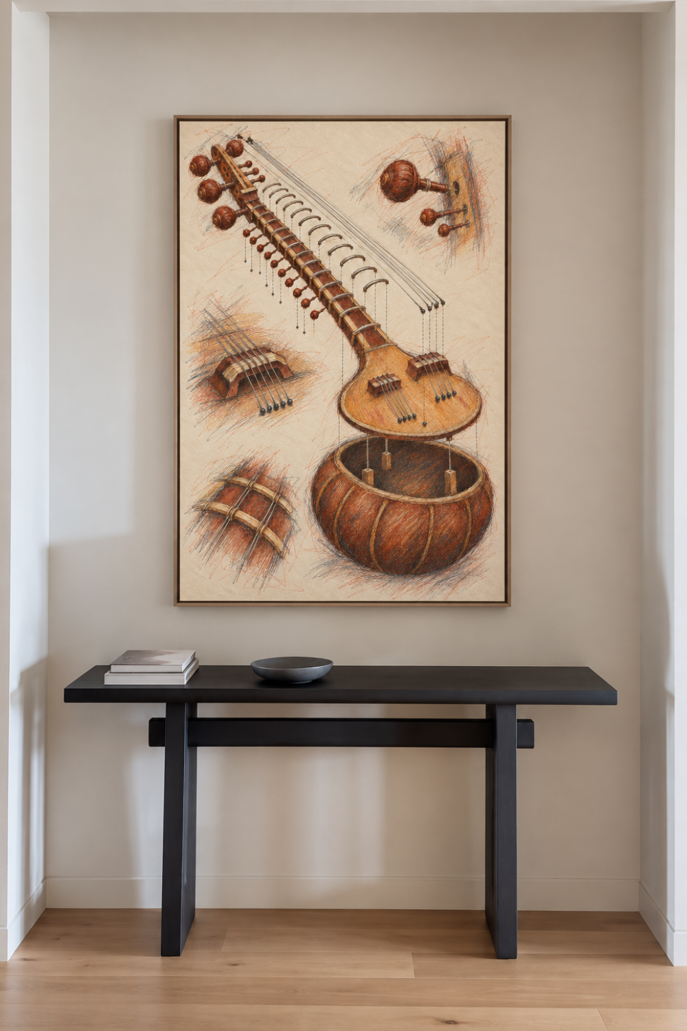 Close-up of the veena print showing the lid with two bridges, the strings and the open ribbed gourd