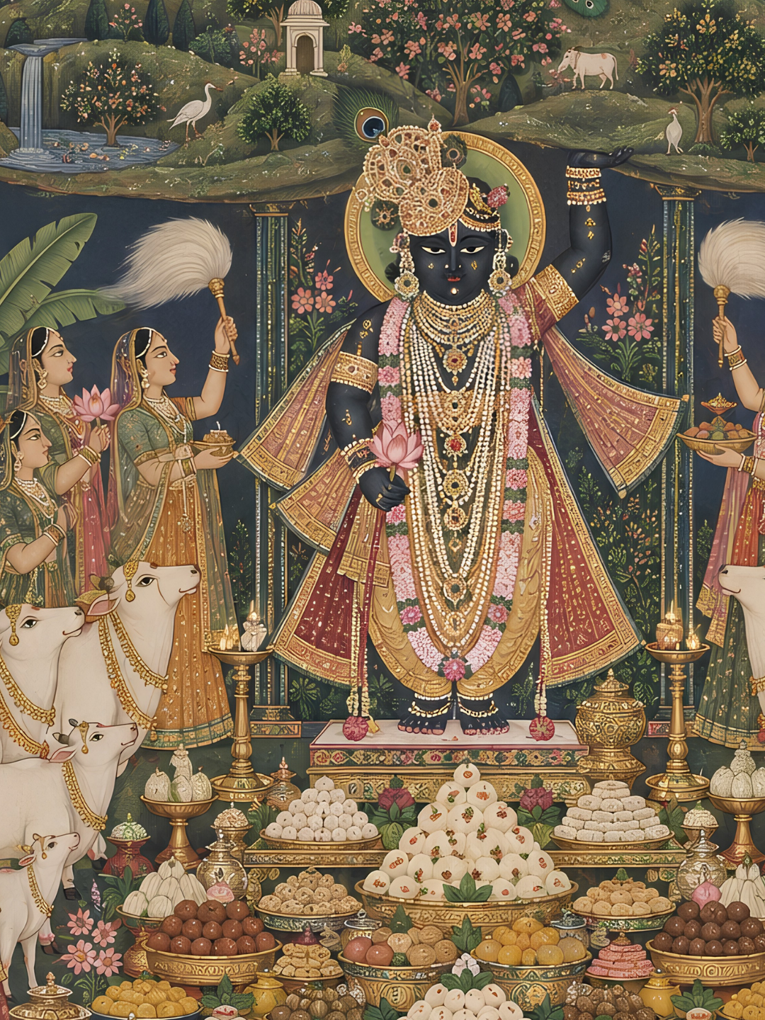 Close-up of Shrinathji with pearl and flower garlands, a lotus in hand, attendants with fly-whisks and heaped sweets