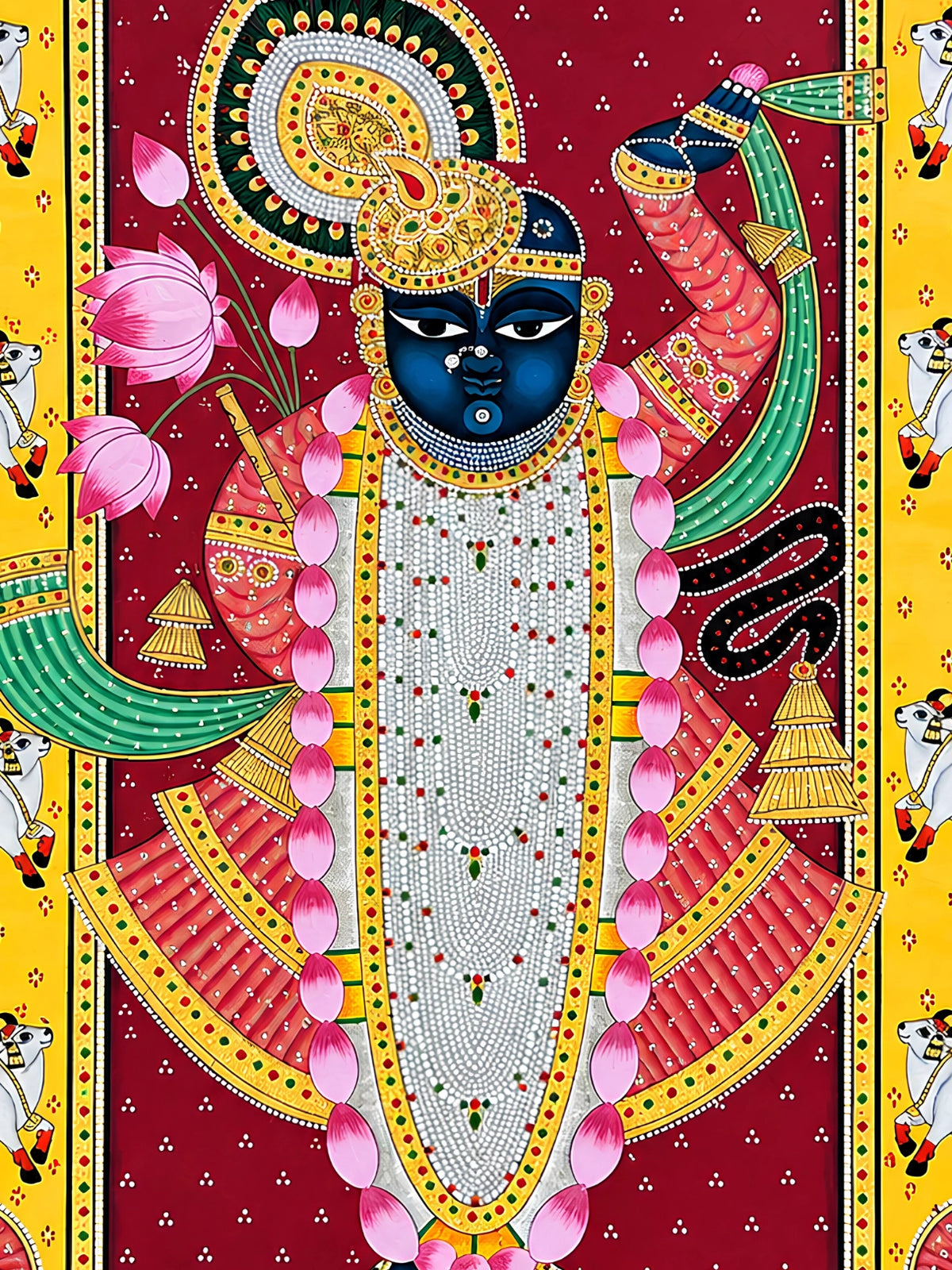 Handpainted – Pichwai – Shrinathji in Garnet and Gold