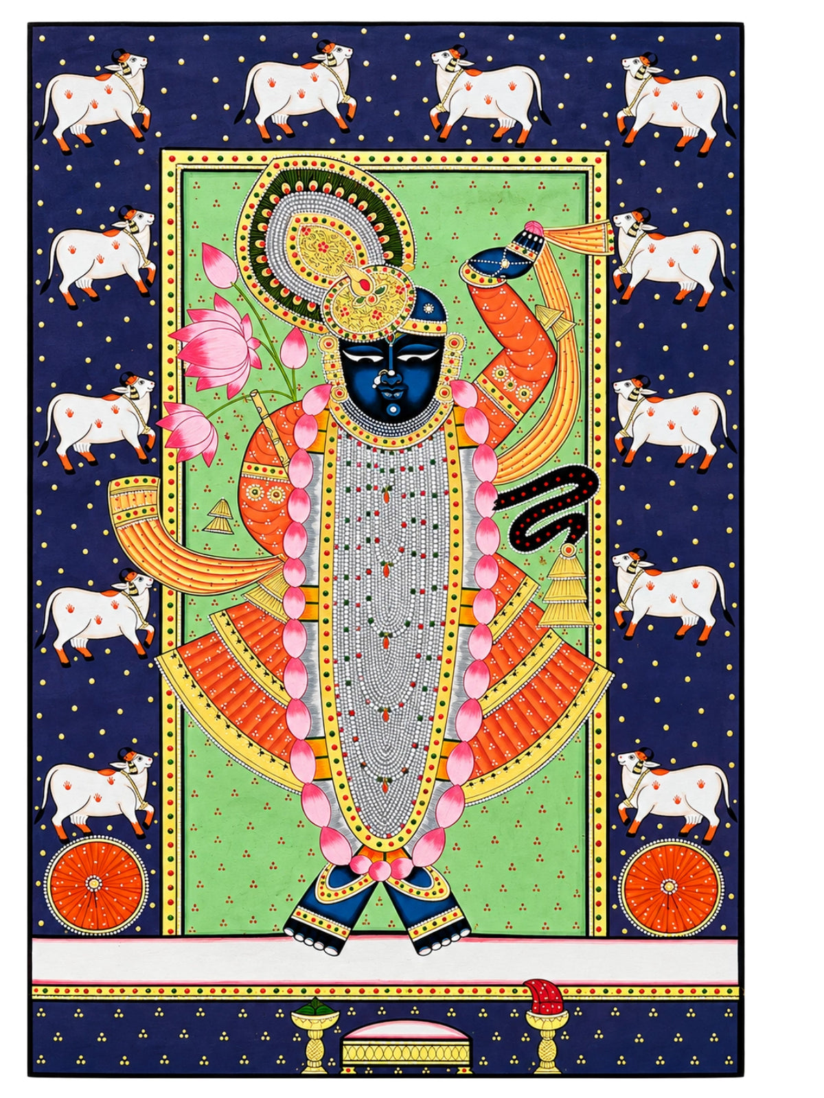 Handpainted – Pichwai – Shrinathji Beneath a Starlit Border