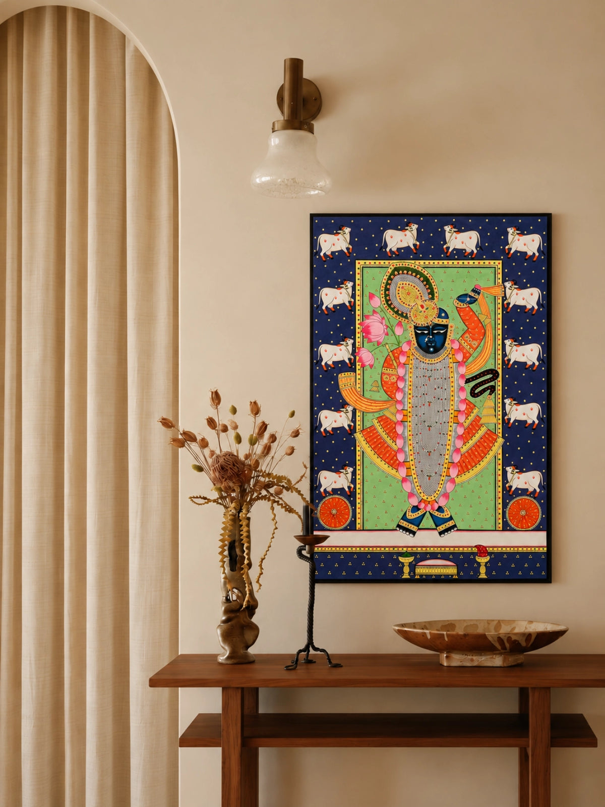 Handpainted – Pichwai – Shrinathji Beneath a Starlit Border