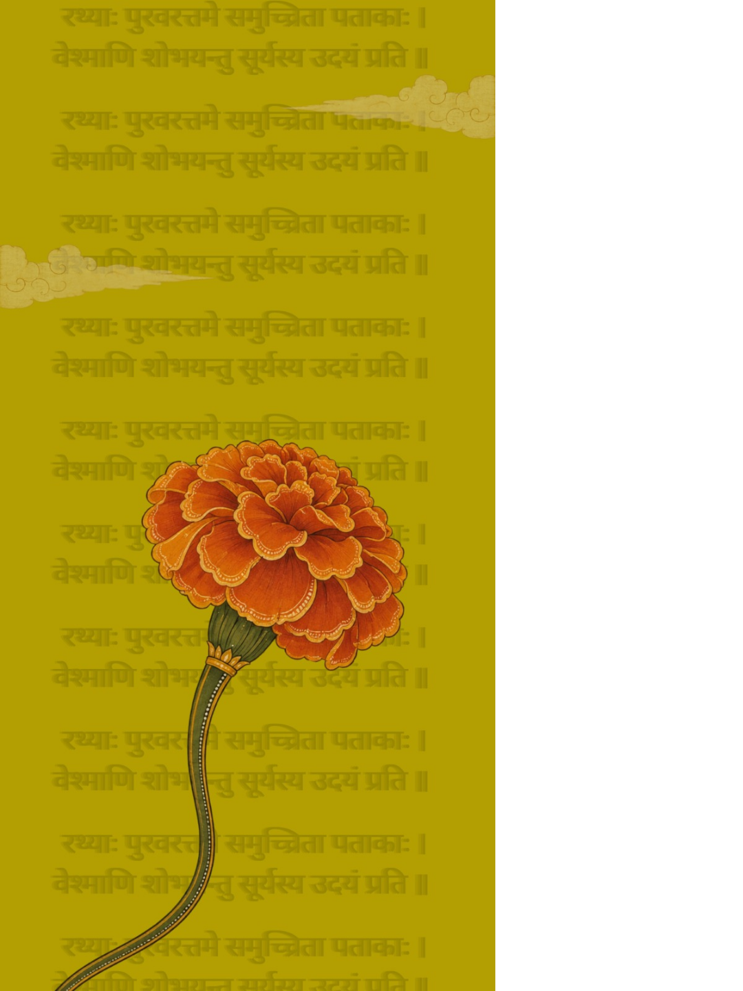 Panel of a single orange marigold on a curving stem beneath clouds on an olive-gold ground