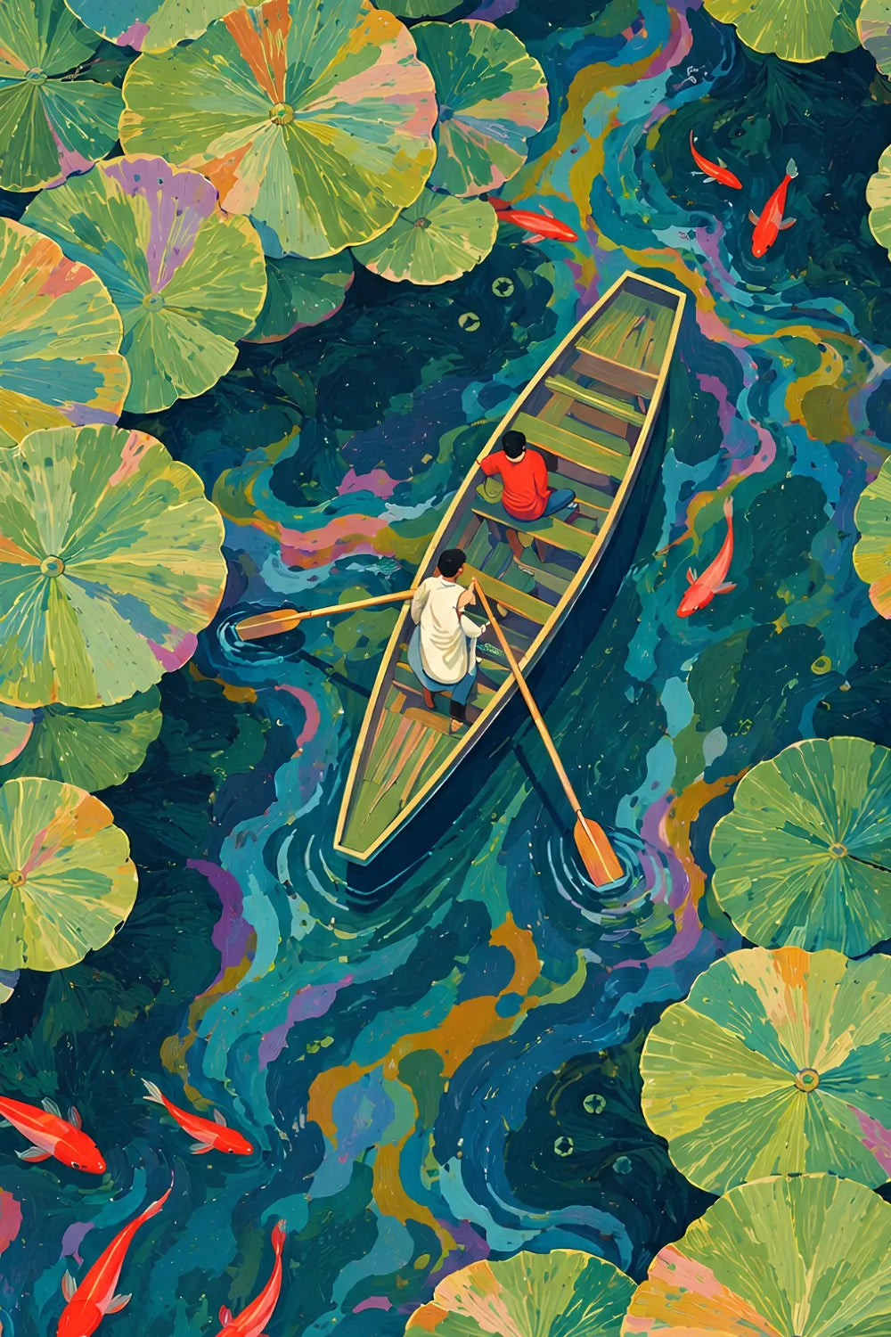Impressionist Art Print – “Padma Sarovar”: Rowing Through the Lotus Pond