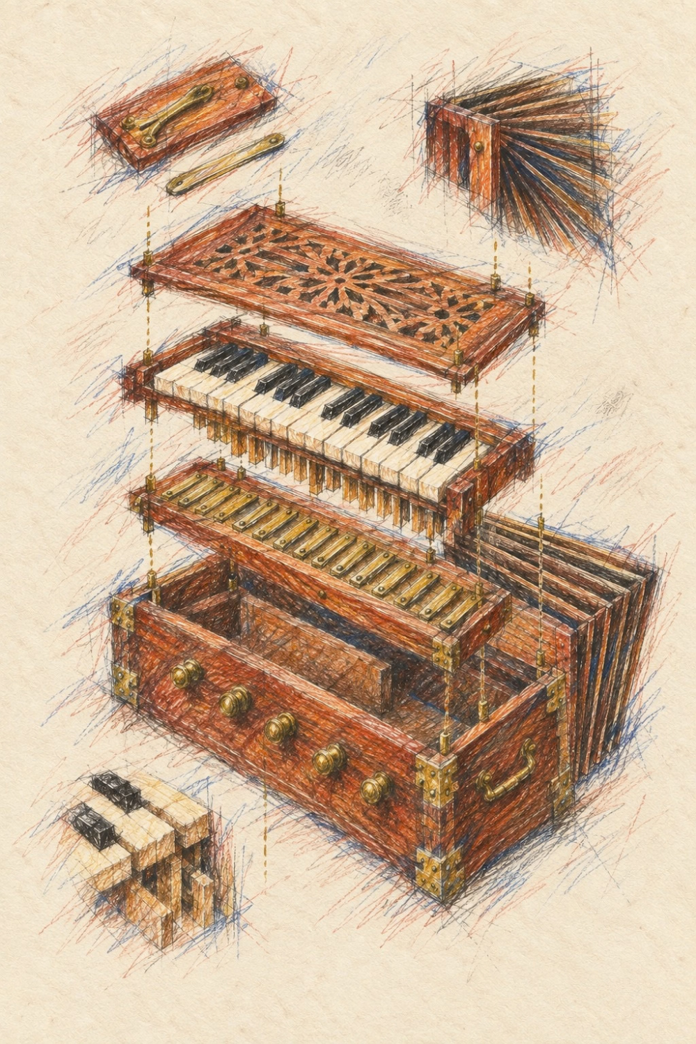 Classical instrument art print of an exploded harmonium with carved lid, keyboard, reed plates, brass knobs and bellows on cream