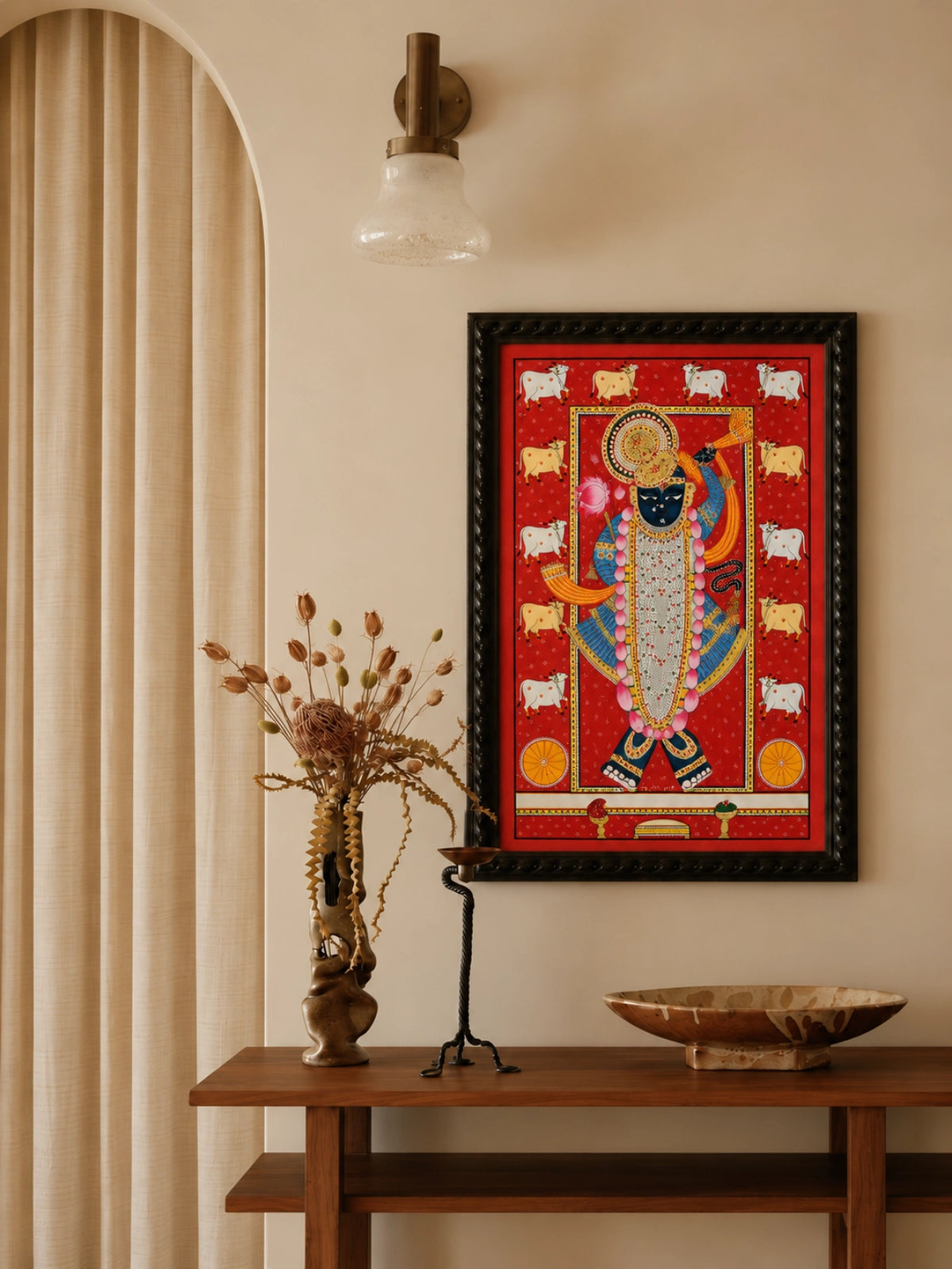 Handpainted – Pichwai – Shrinathji in Indigo on Crimson