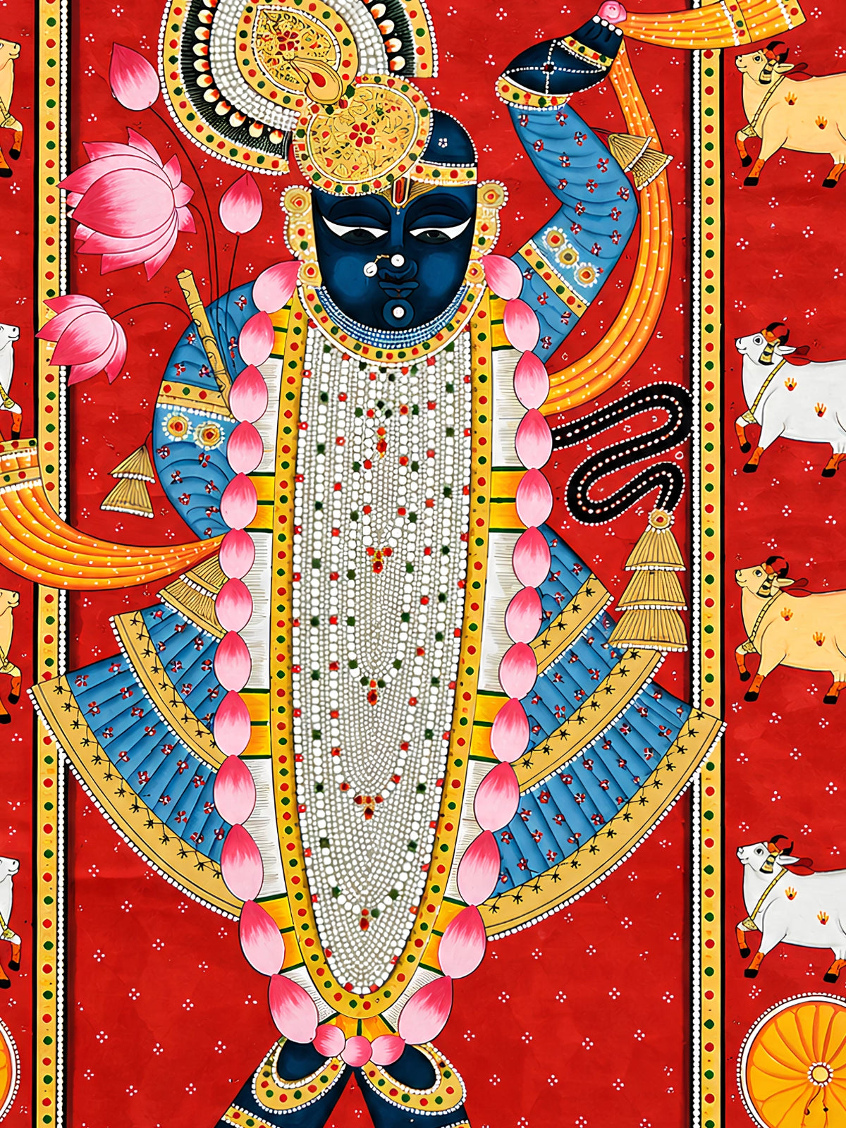 Handpainted – Pichwai – Shrinathji in Indigo on Crimson