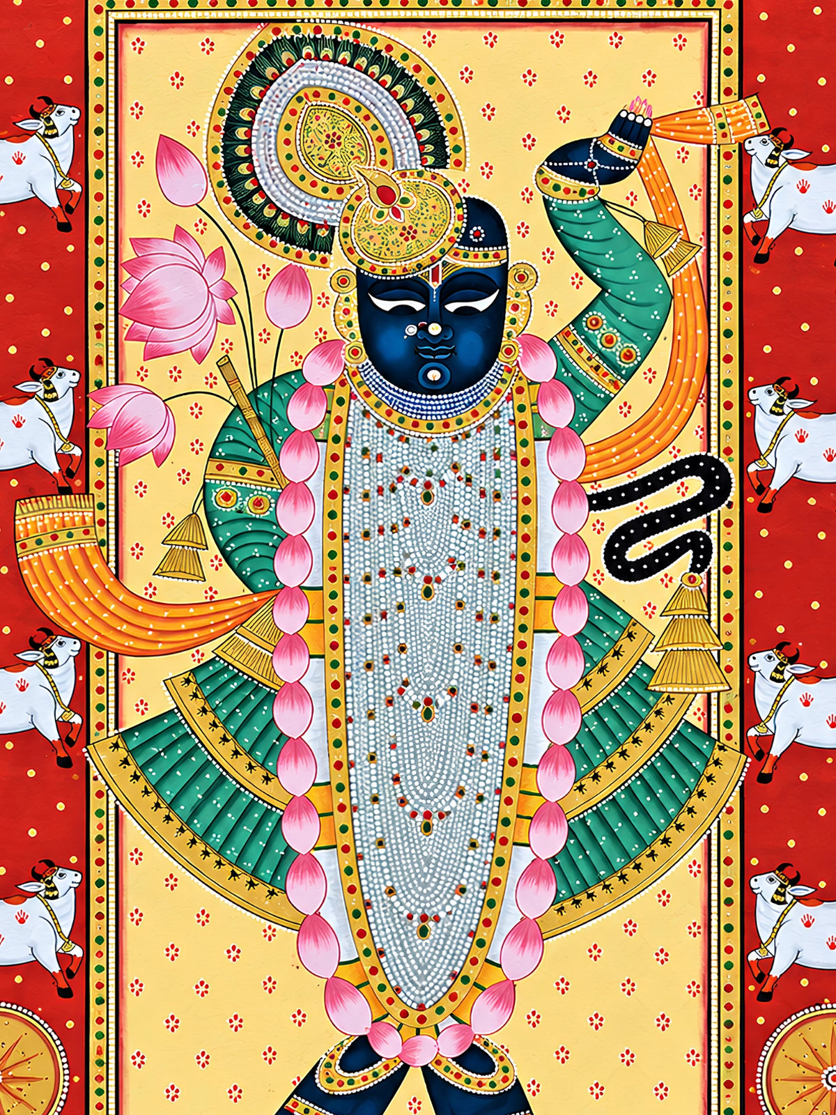Handpainted – Pichwai – Shrinathji in Cream and Vermilion