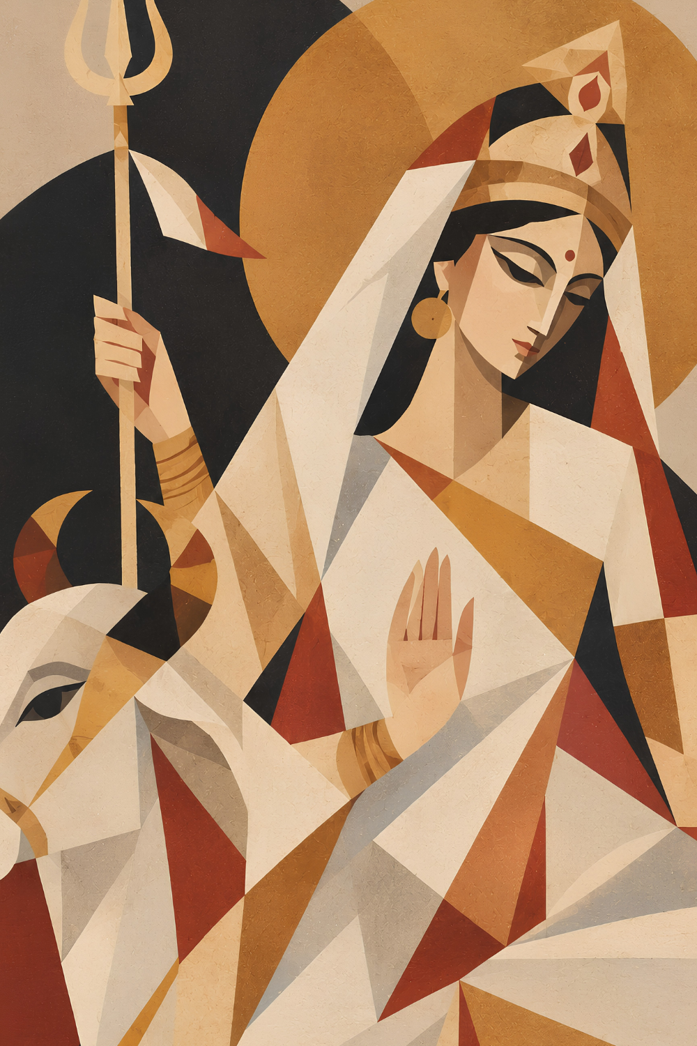 Close-up detail of Goddess Mahagauri in the Cubist Navadurga painting, showing the faceted colour planes