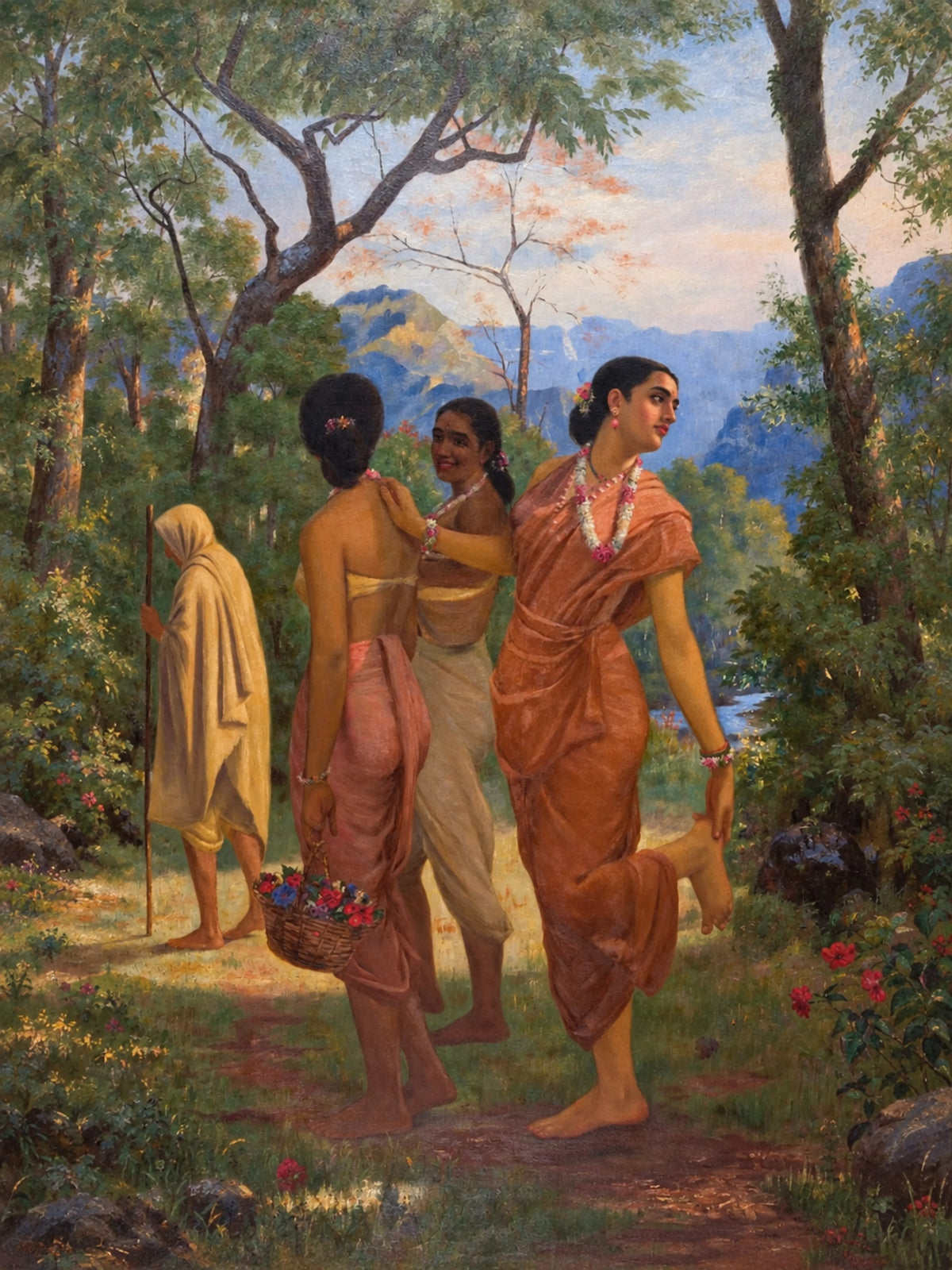 Print of Shakuntala in an orange sari looking back as she lifts her foot, with two companions in a forest