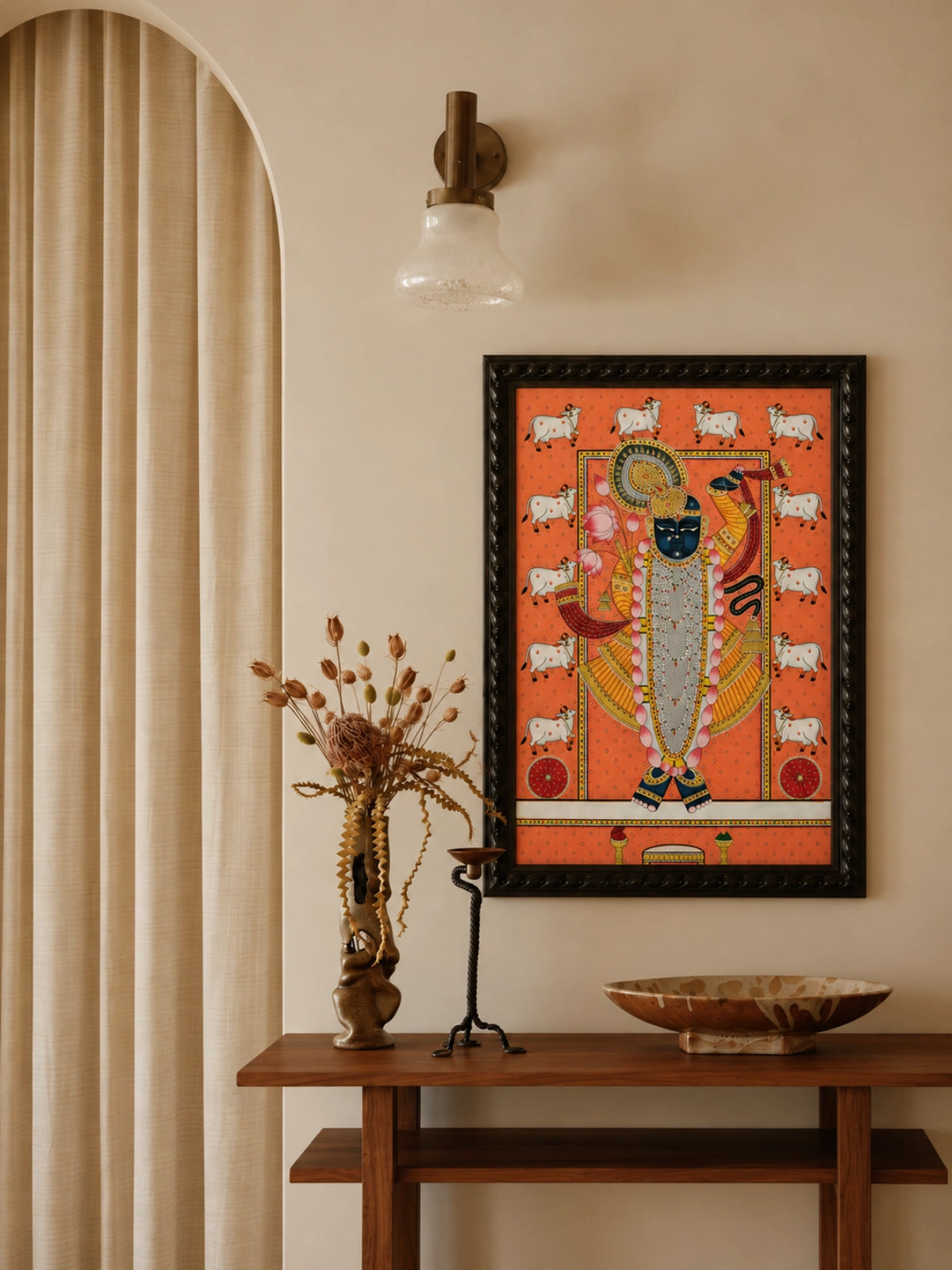 Handpainted – Pichwai – Shrinathji in Coral and Maroon