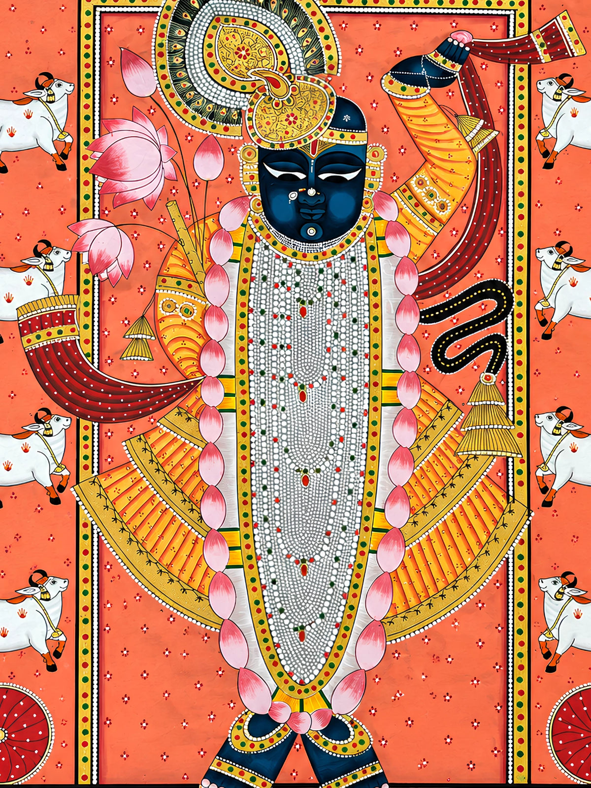 Handpainted – Pichwai – Shrinathji in Coral and Maroon