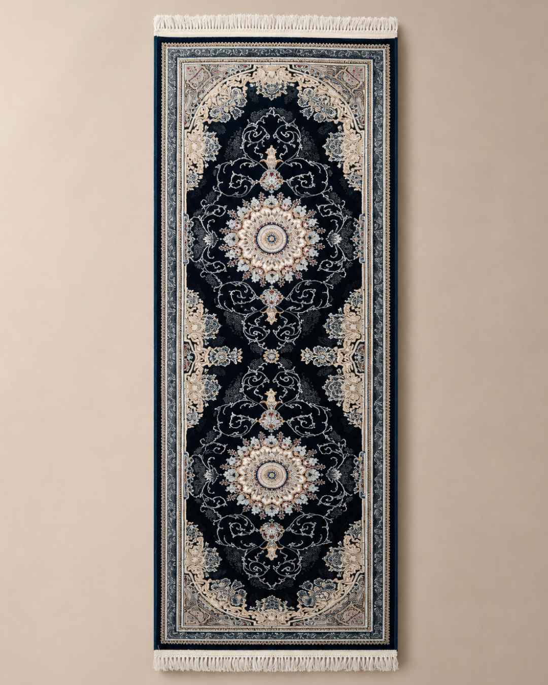 Mahtab Silk & Wool Blend Carpet – Midnight Double Medallion Runner