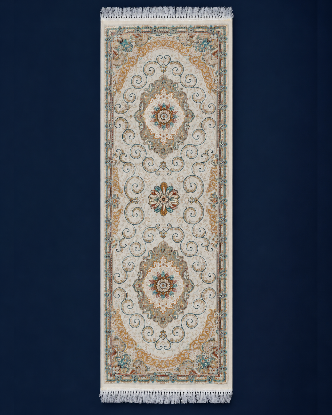 Sehar Silk & Wool Blend Carpet – Teal Rust Medallion Arabesque Runner