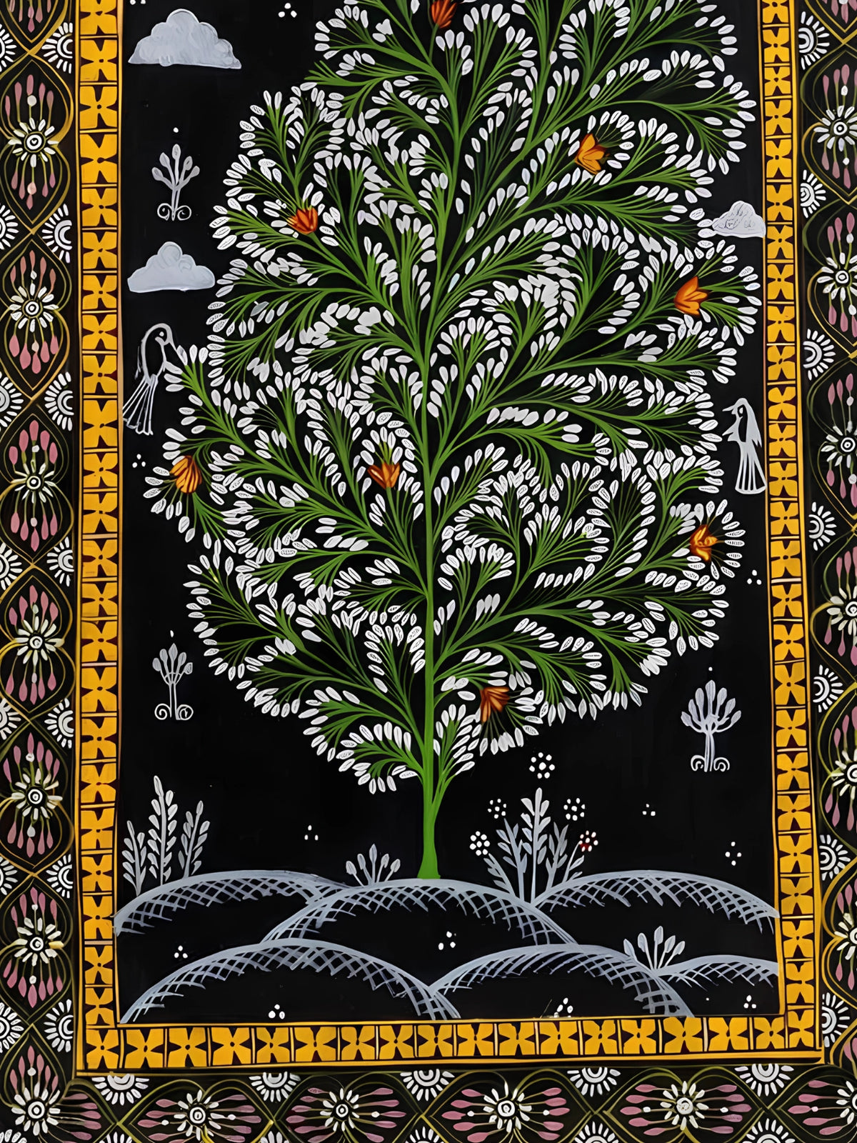Handpainted – Tree of Life in Green and Ivory
