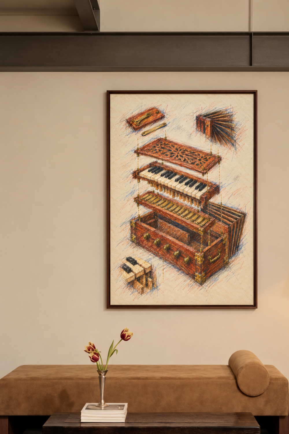 Close-up of the harmonium print showing the carved lid, the keyboard, the brass reed plates and the wooden case
