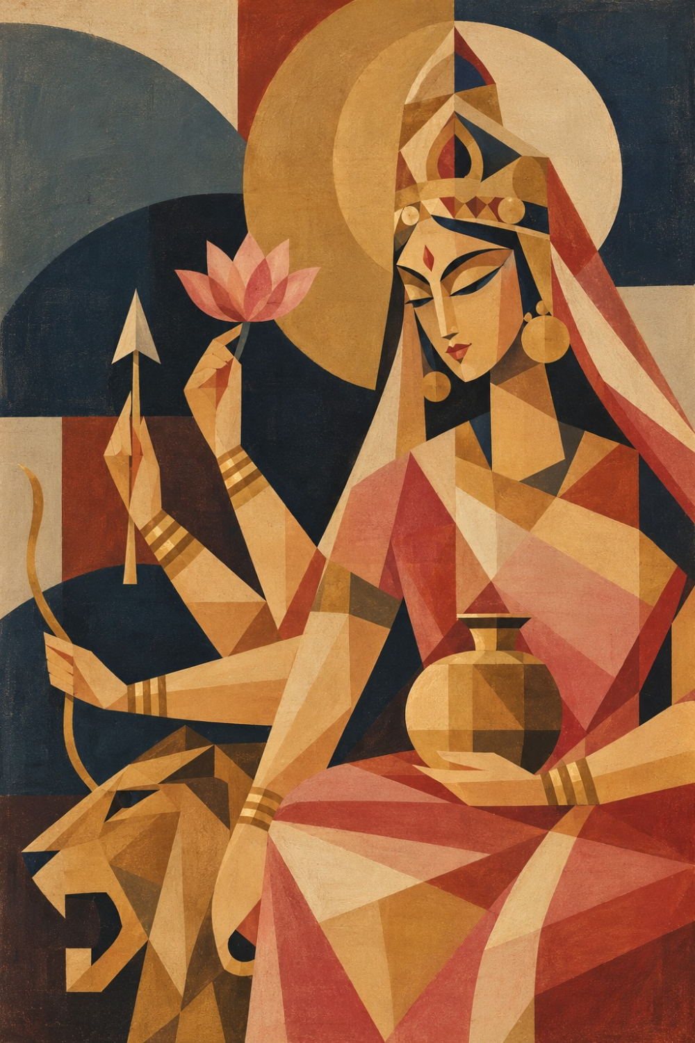 Cubist Navadurga painting of Goddess Kushmanda with lotus, bow, arrow and golden vessel beside her lion in rose, gold and navy
