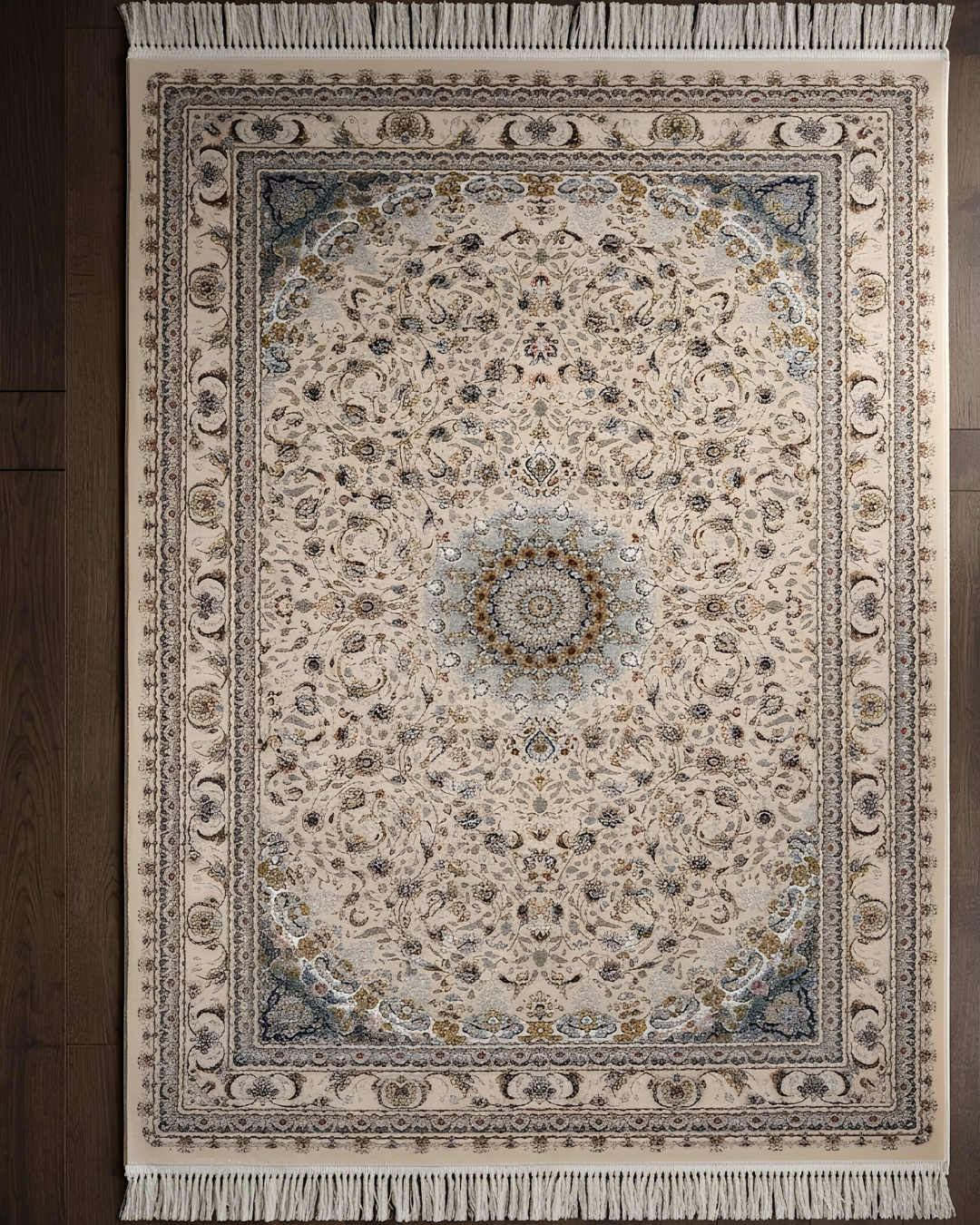 Baghban Silk & Wool Blend Carpet – Blue Amber Botanical Allover